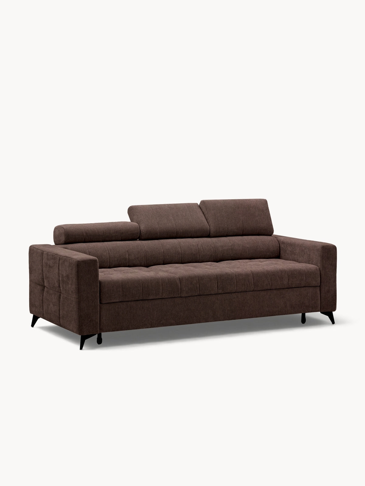 Sofa Nardo rozkładana trzyosobowa w brązowym szenilu Vibe 26 z regulowanymi zagłówkami