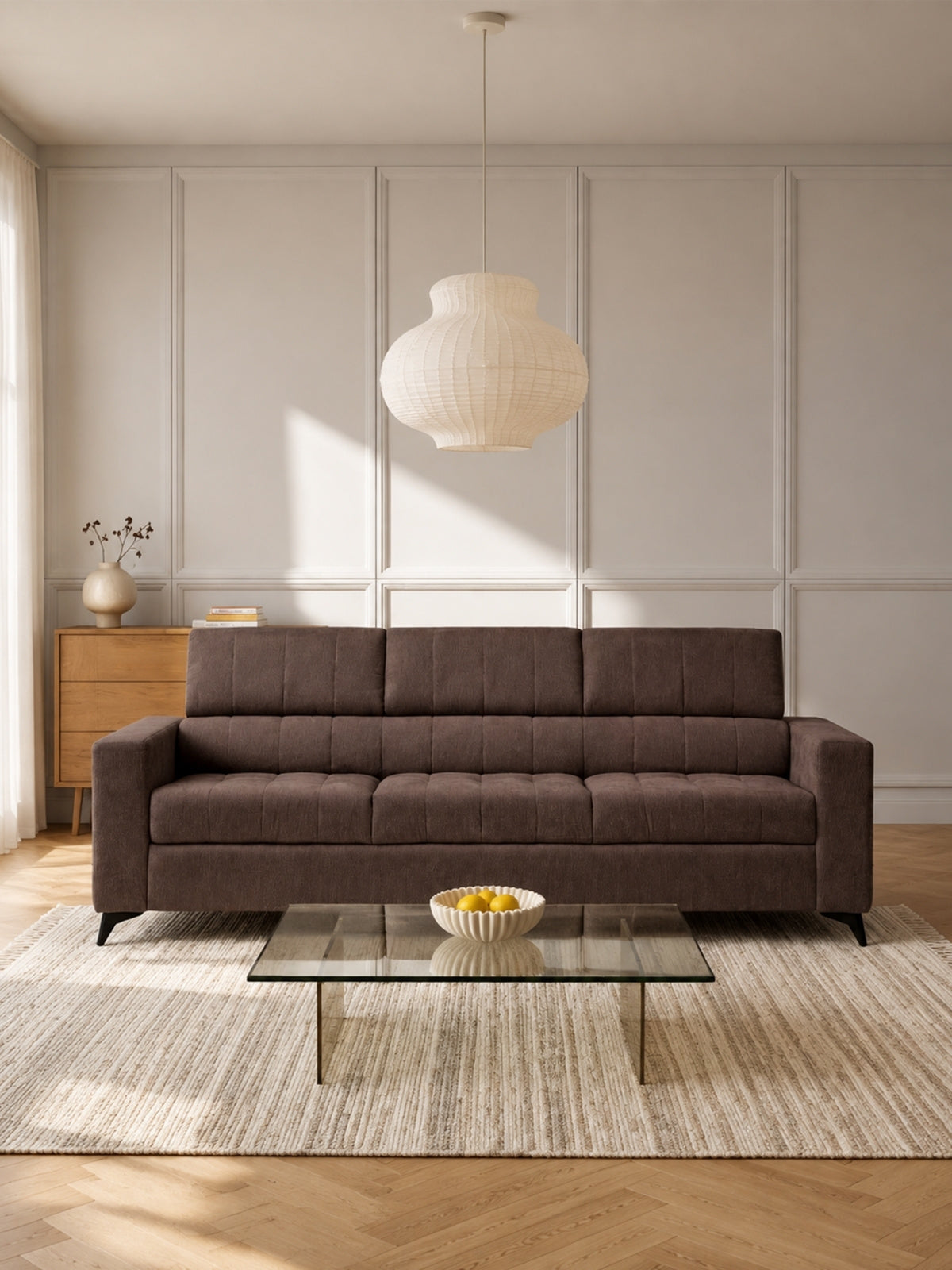 Sofa Nardo brązowa szenil Vibe 26 z funkcją spania, nowoczesna, trzyosobowa