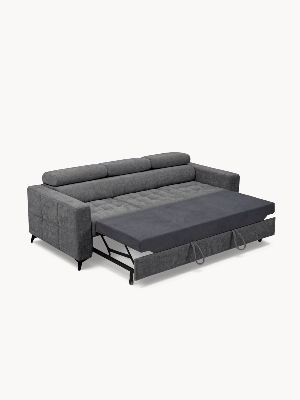 Sofa Nardo z funkcją spania w szarym szenilu Vibe 95, widok rozłożony