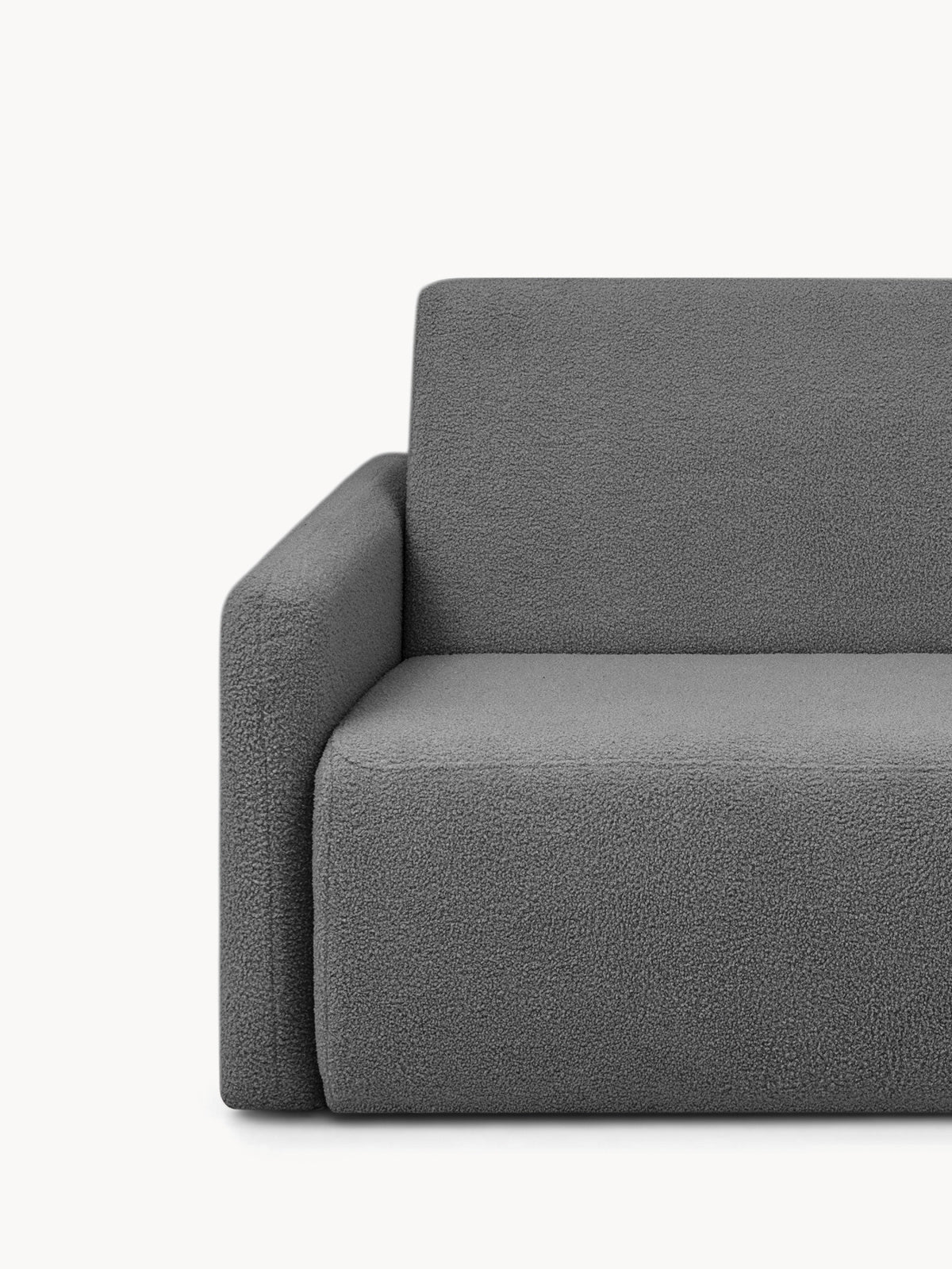 Sofa rozkładana Nido dwuosobowa 120 cm szara boucle, widok detalu lewego podłokietnika