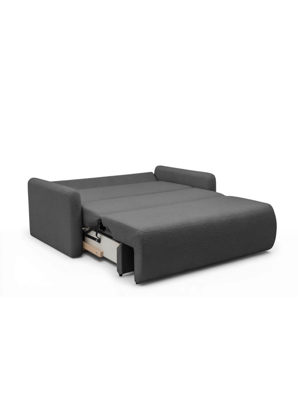 Sofa rozkładana Nido 120 cm z pojemnikiem szara boucle, ujęcie z rozłożonym siedziskiem