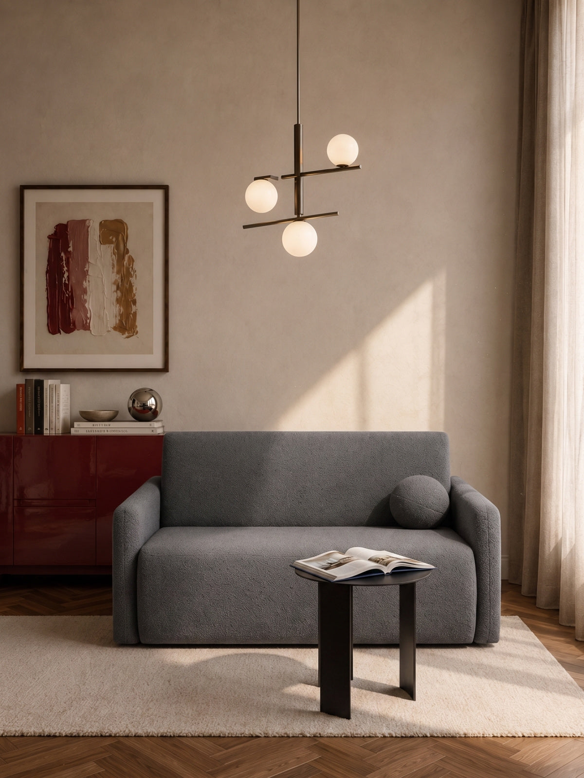 Sofa rozkładana Nido trzyosobowa szara boucle Quelle 92 w nowoczesnym wnętrzu