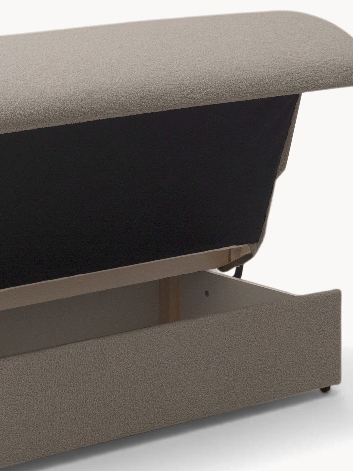 Sofa rozkładana Nubi 120 cm beżowa boucle, otwarty pojemnik na pościel