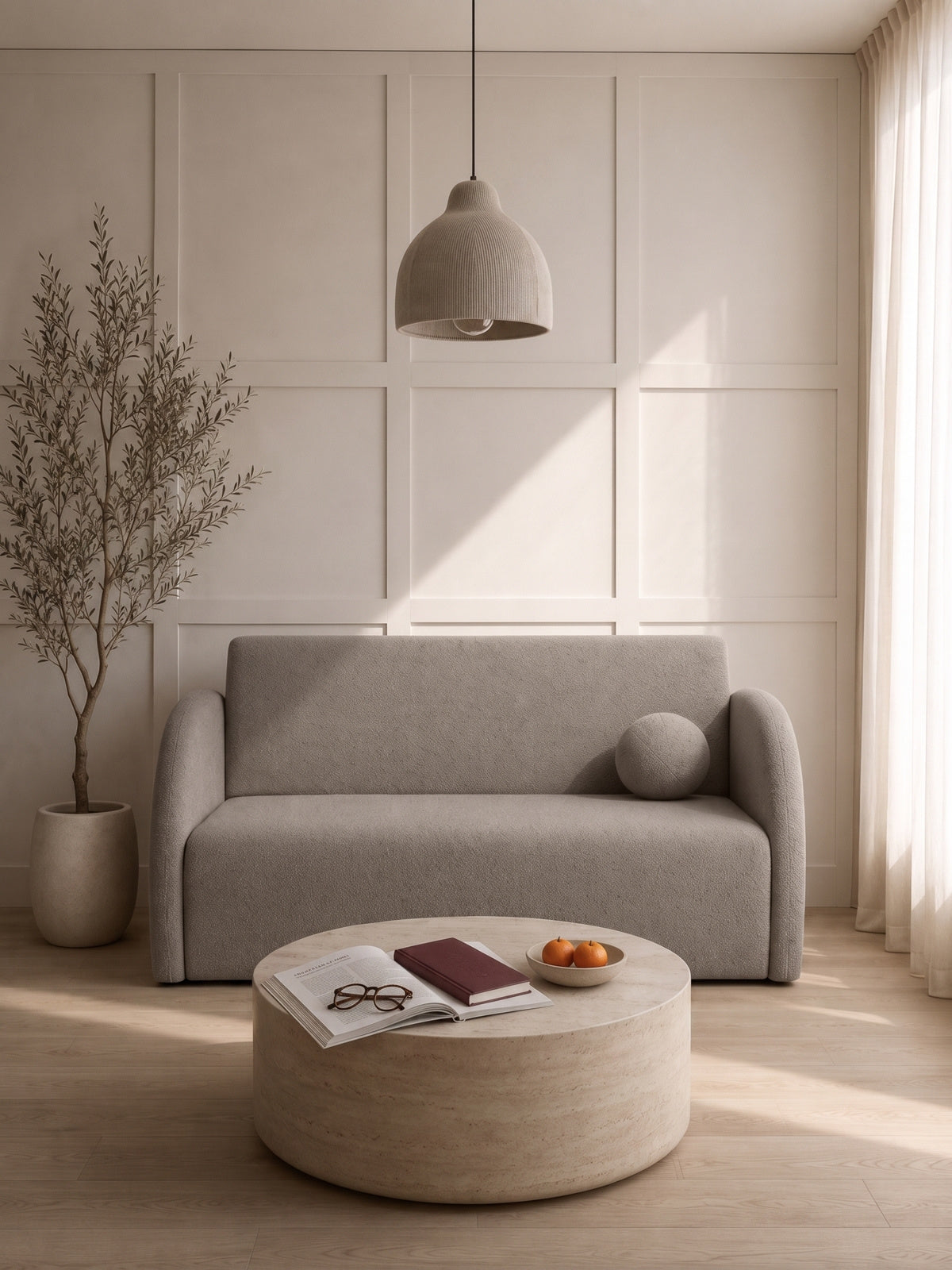 Beżowa sofa rozkładana Nubi 120 cm z pojemnikiem i poduszką w tkaninie boucle