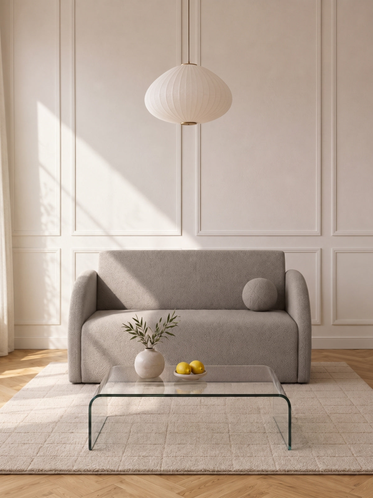 Sofa rozkładana Nubi dwuosobowa 120 cm beżowa boucle z poduszką w salonie