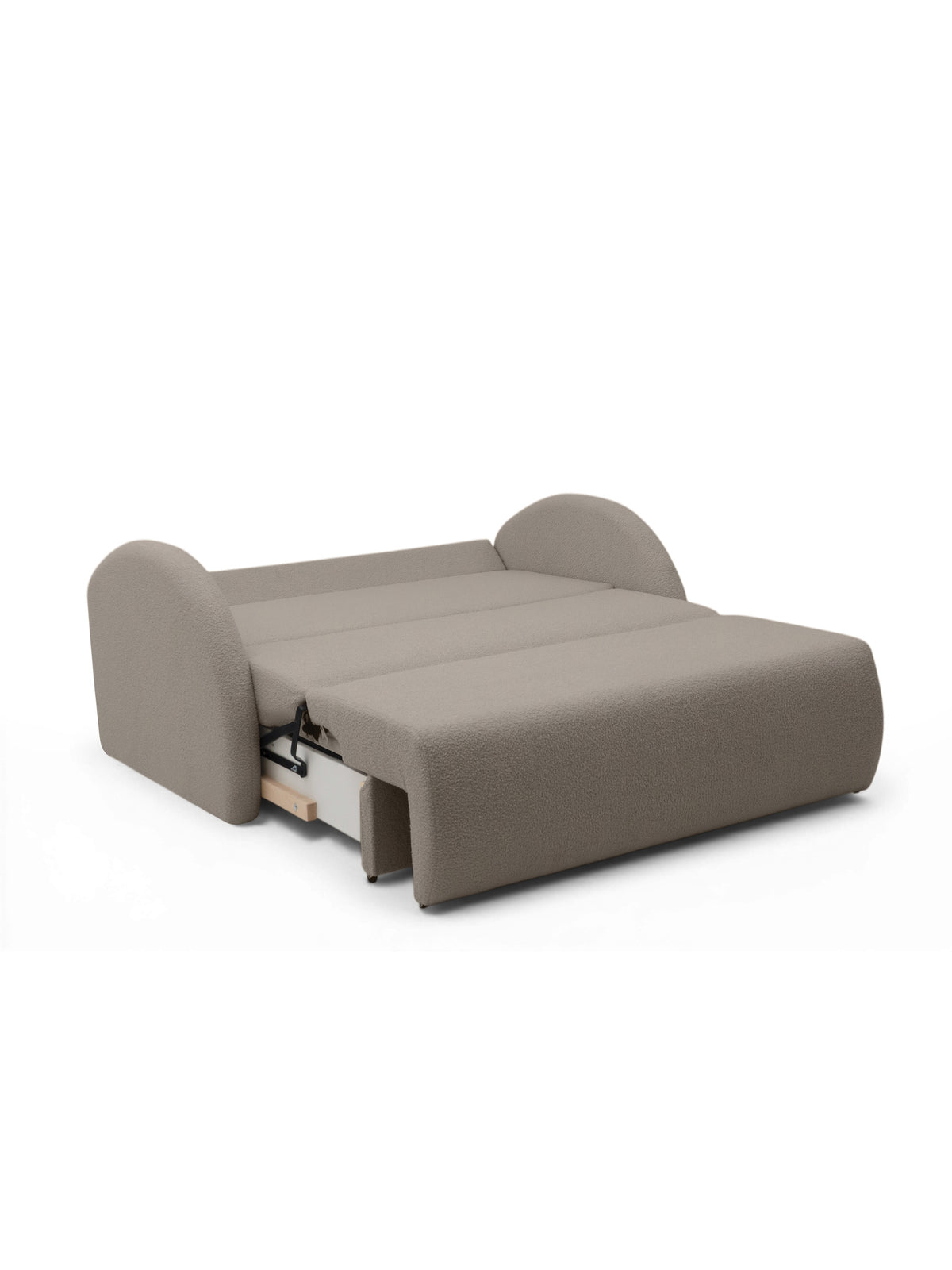Sofa rozkładana Nubi trzyosobowa 140 cm beżowa boucle w pozycji spania