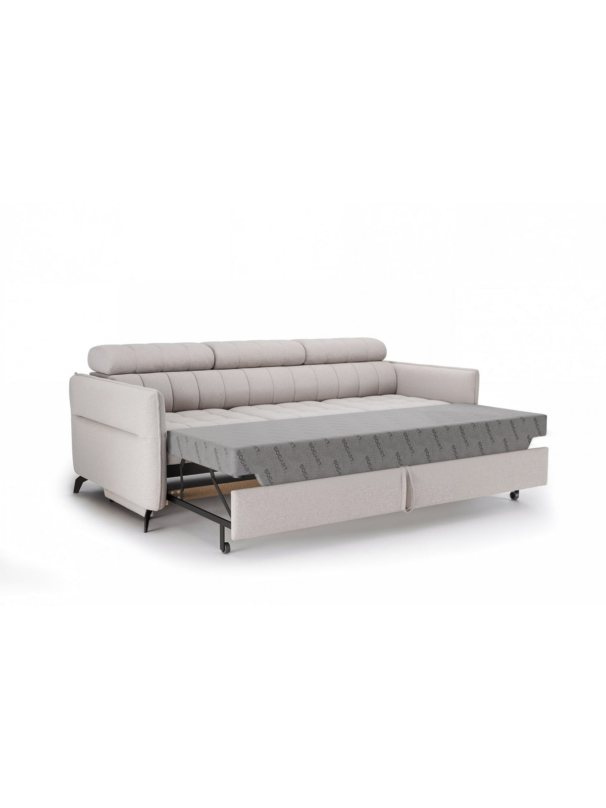 Sofa trzyosobowa Elarias z funkcją spania, regulowanymi zagłówkami i czarnymi metalowymi nóżkami