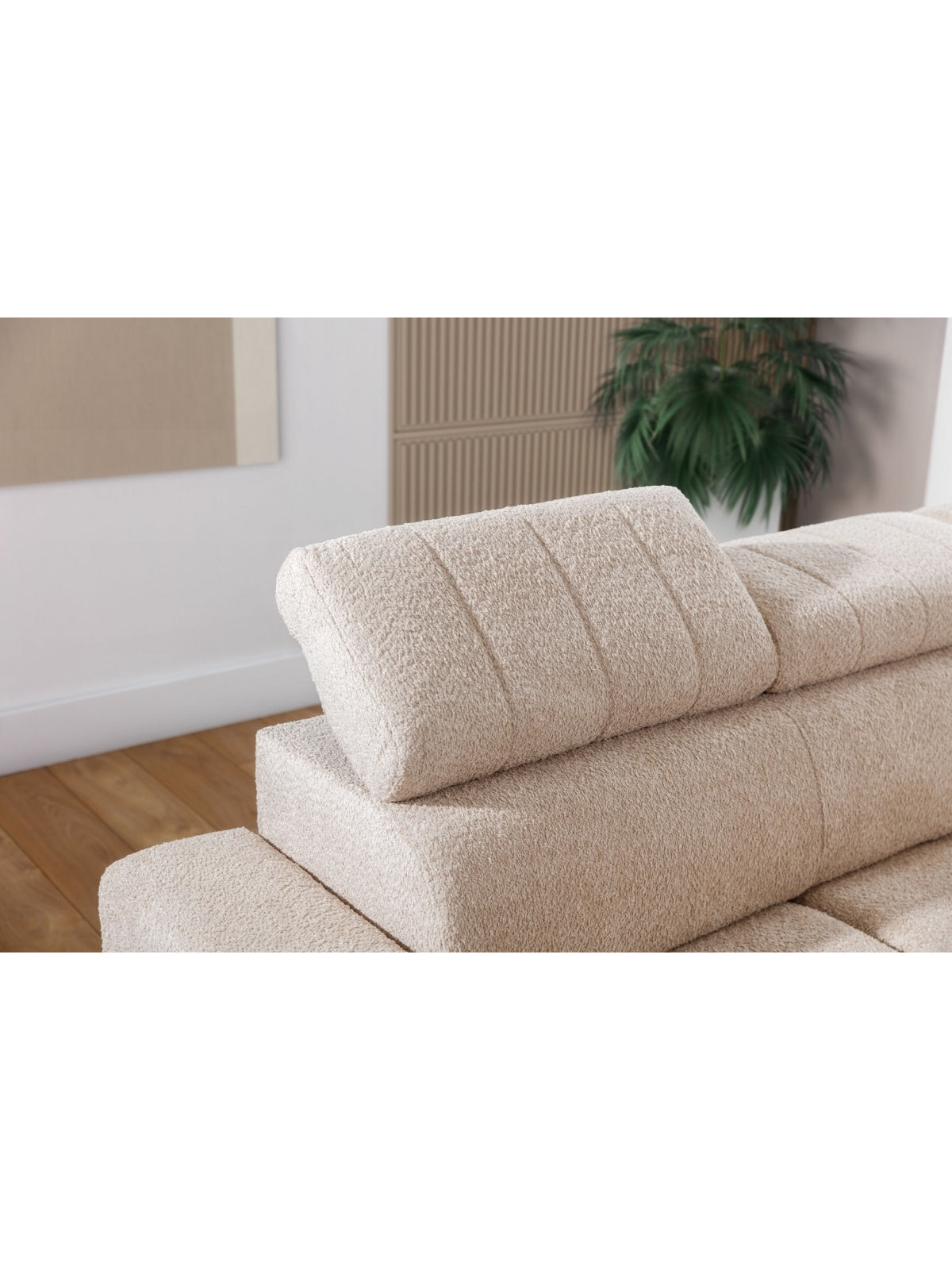 Sofa trzyosobowa Modeno z regulowanymi zagłówkami w jasnym obiciu, widok z tyłu