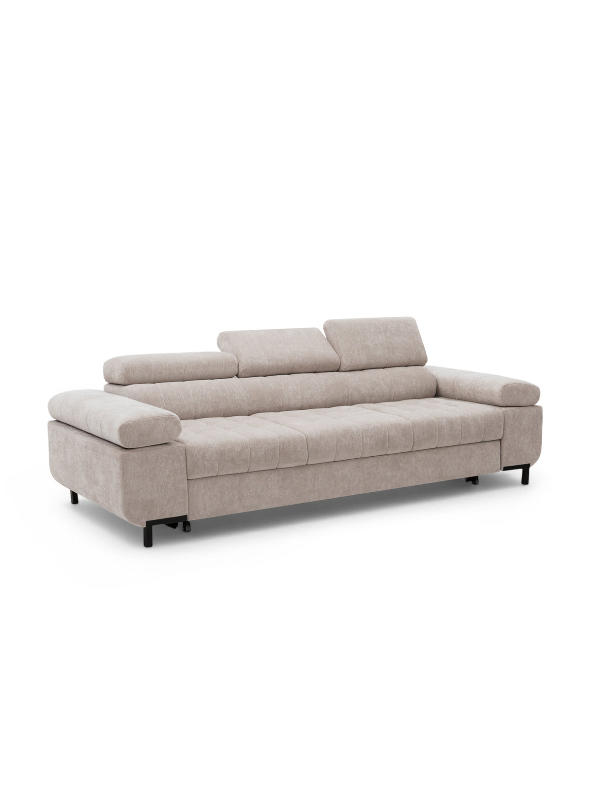 Sofa trzyosobowa Tyrion beżowa z funkcją spania, regulowanymi zagłówkami i czarnymi nóżkami