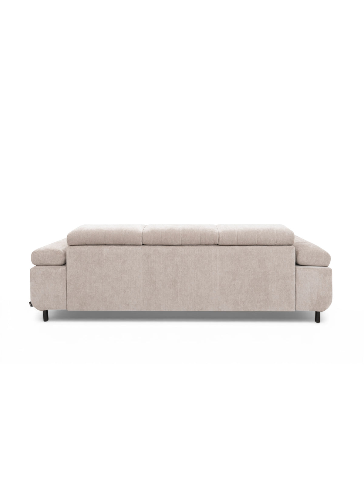 Sofa trzyosobowa Tyrion z funkcją spania, widok tyłu, beżowe obicie, czarne nogi