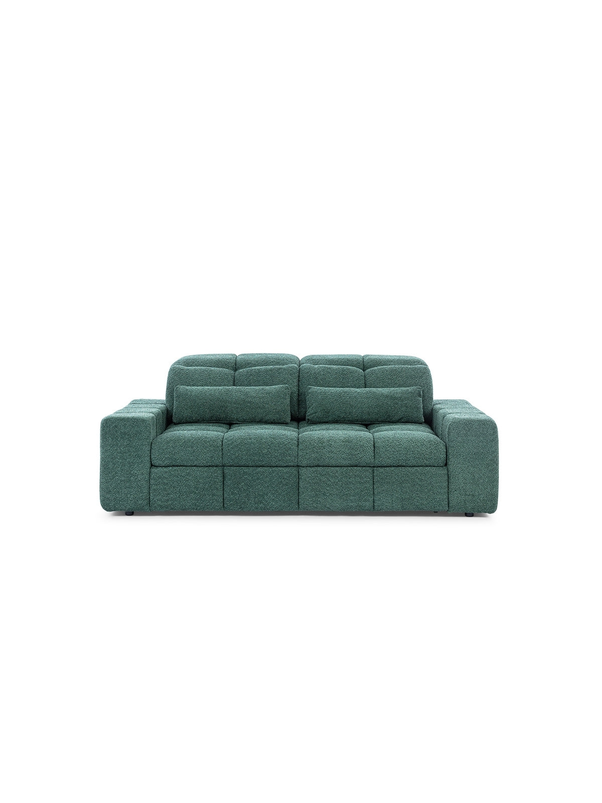 Sofa Magnelio III elektryczna trzyosobowa w zielonym obiciu z regulowanymi zagłówkami, widok frontalny