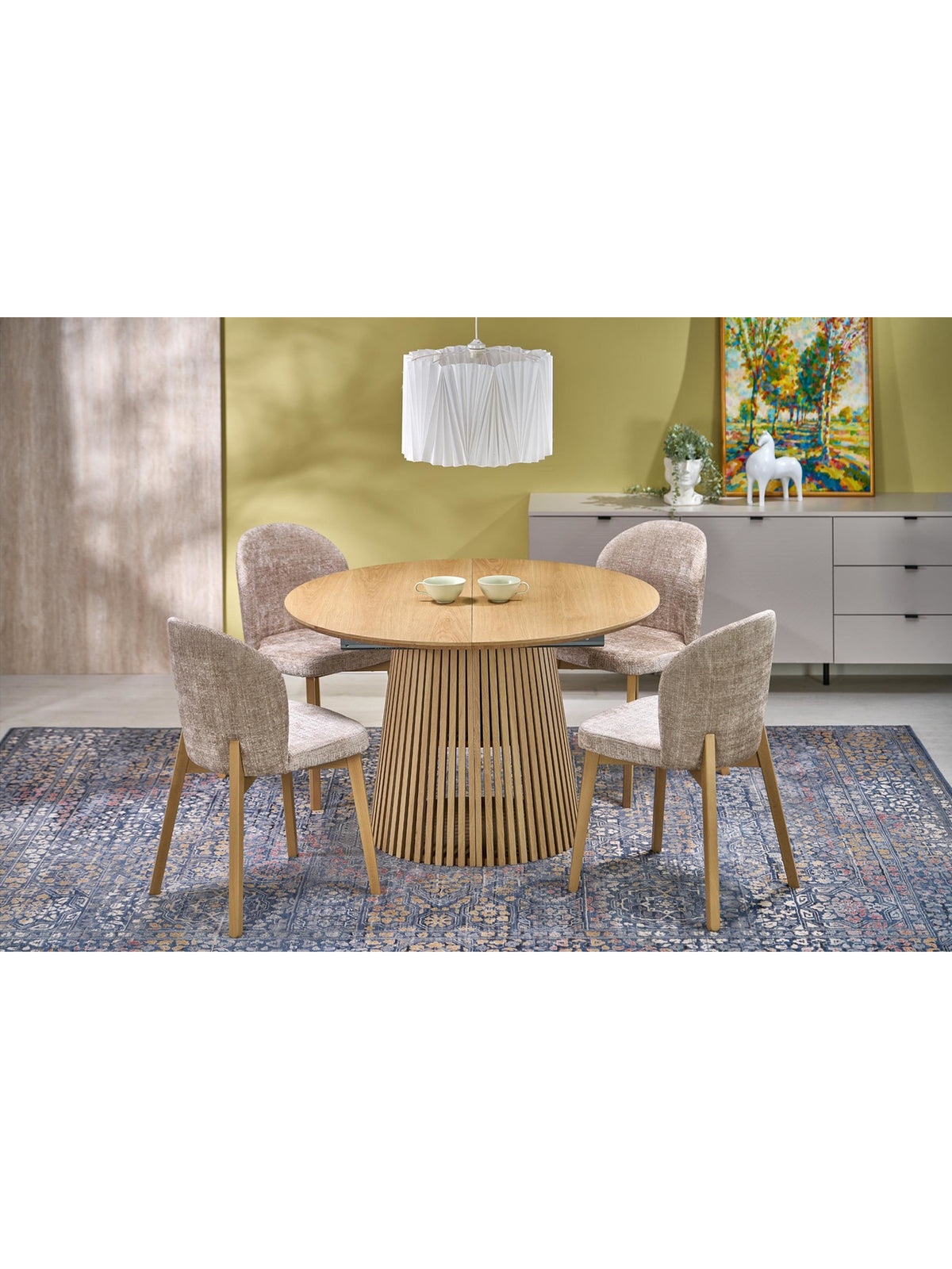 Stół okrągły Brevon rozkładany 120-210x120 cm dąb naturalny z ozdobną podstawą