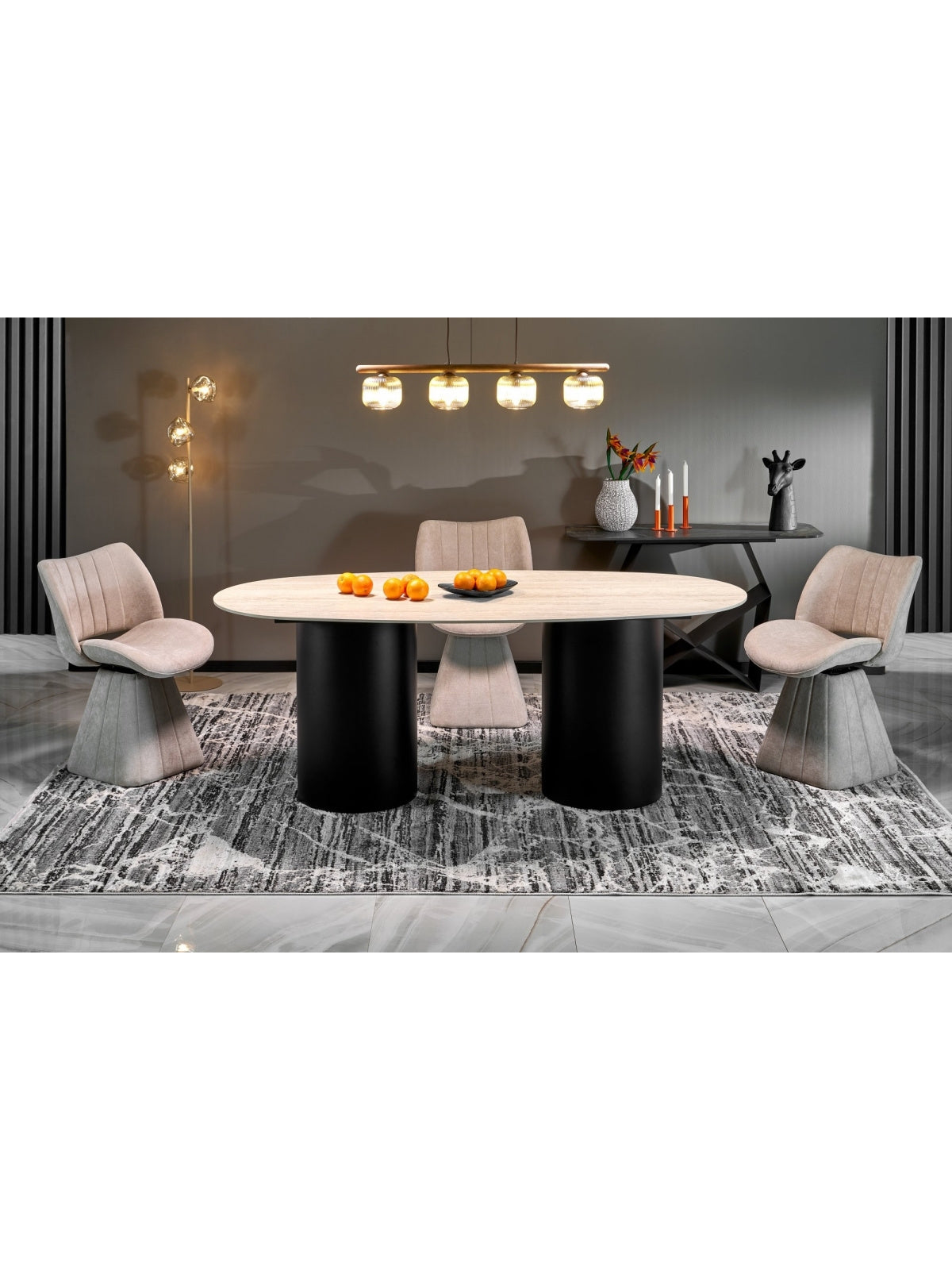 Stół owalny Molven 200x100 cm z blatem trawertyn marmur i czarnymi nogami