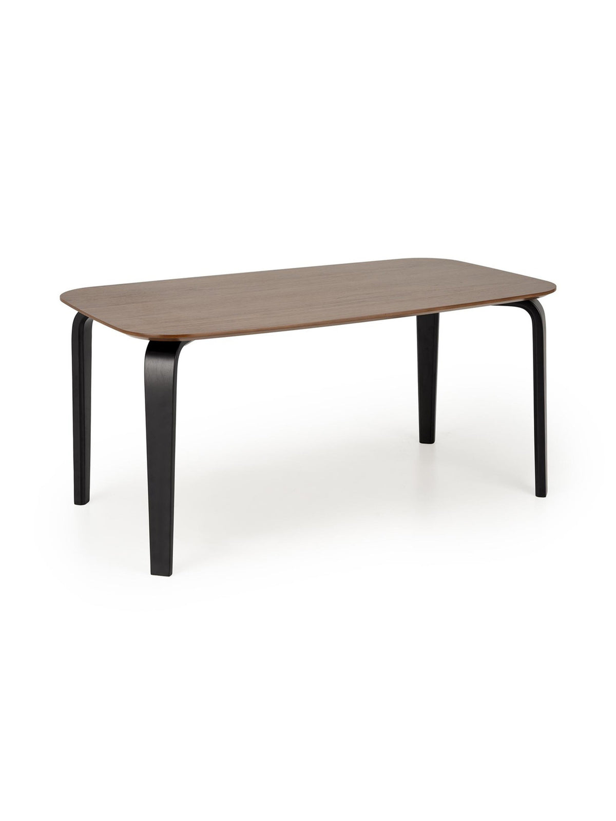 Stół prostokątny Norello 160x90 cm z orzechowym blatem i czarnymi nogami, ujęcie boczne