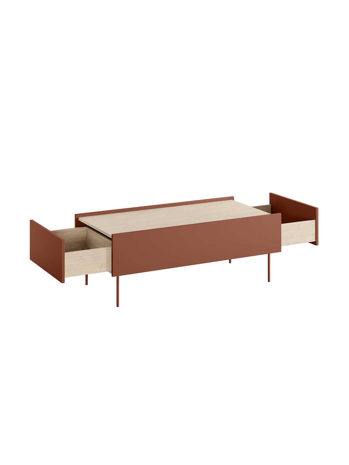 Stolik kawowy Desin 120 cm ceramic red z dwoma otwartymi szufladami i blatem dąb nagano