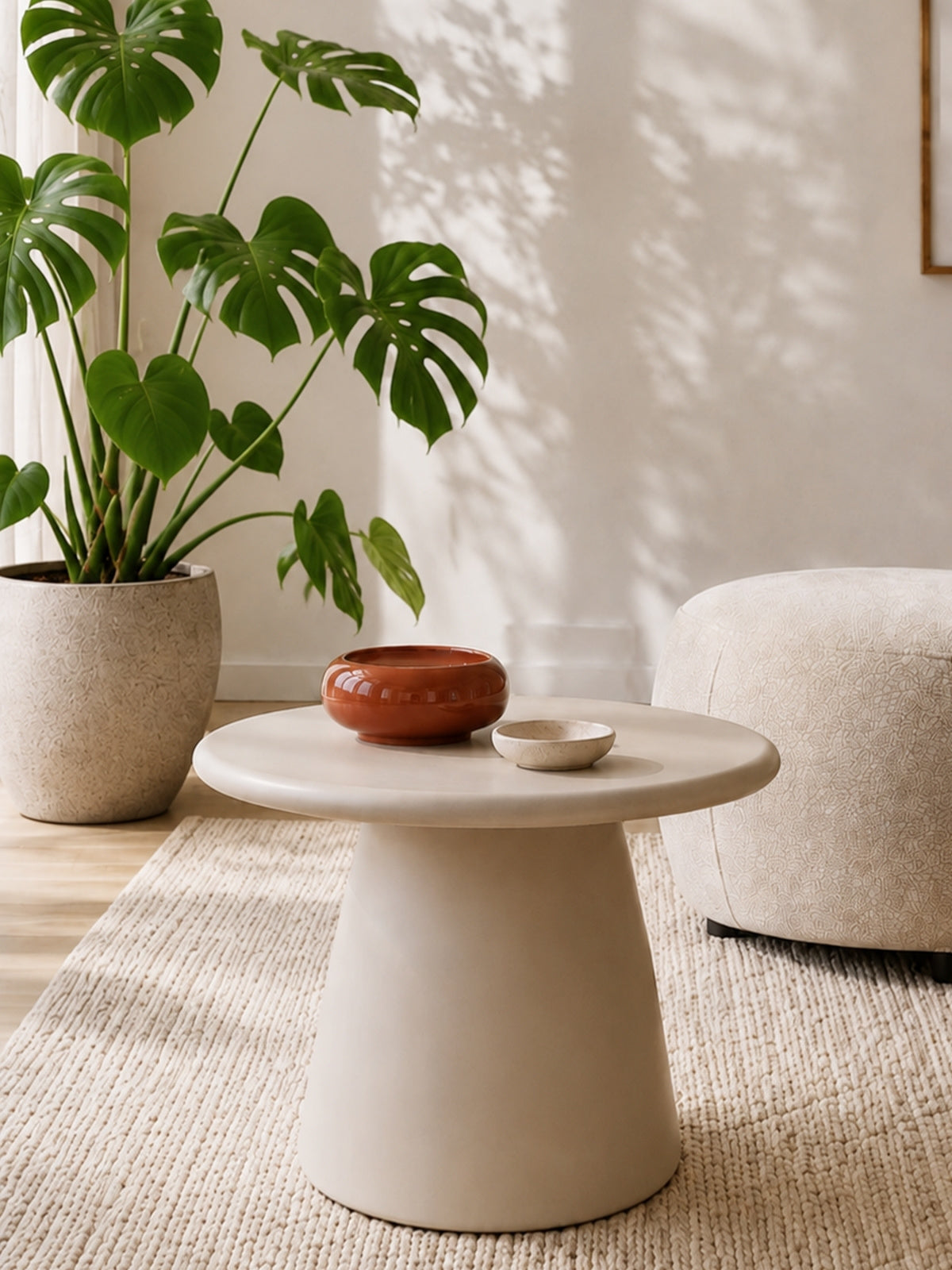 Stolik kawowy okrągły Clav 60 cm w beżowym kolorze z mikrocementowym blatem i stelażem