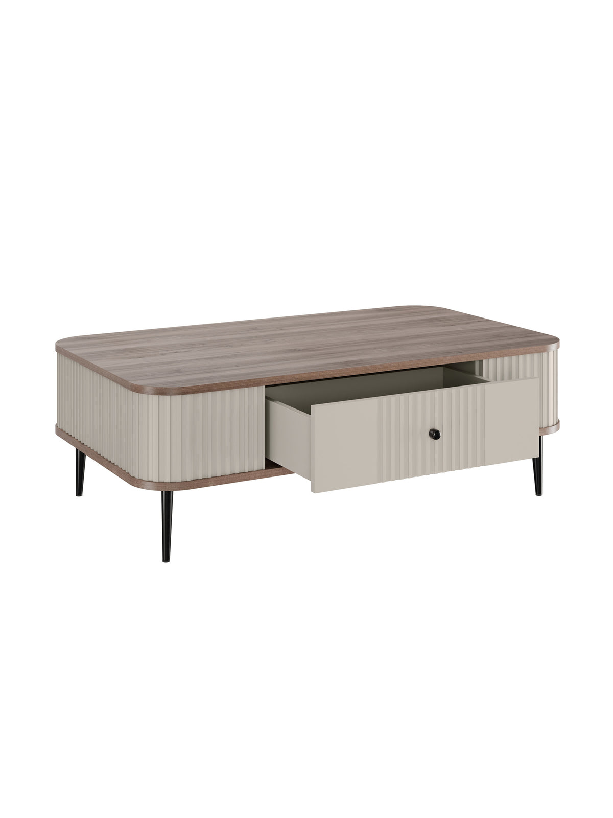 Stolik kawowy Vesper 103x60 cm z szufladą kaszmir orzech czarne nogi widok z boku
