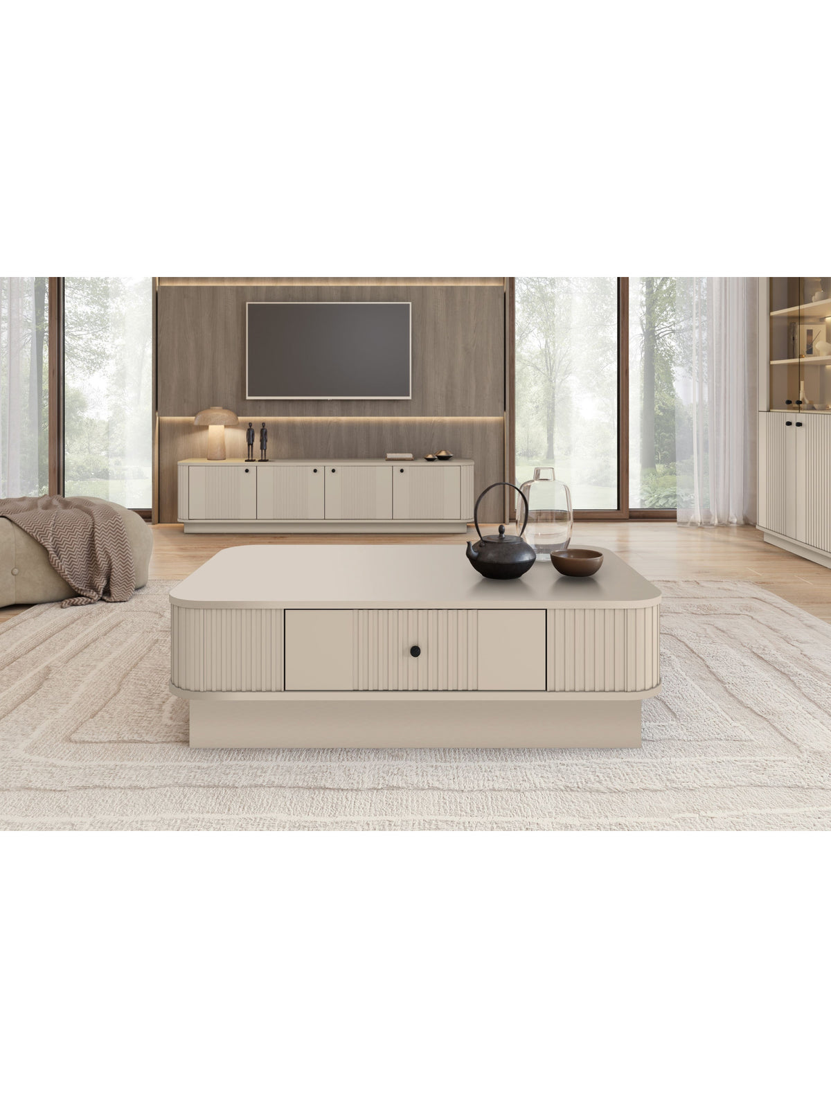 Stolik kawowy Vesper 103x60 cm z szufladą na cokole - kaszmir / czarny uchwyt