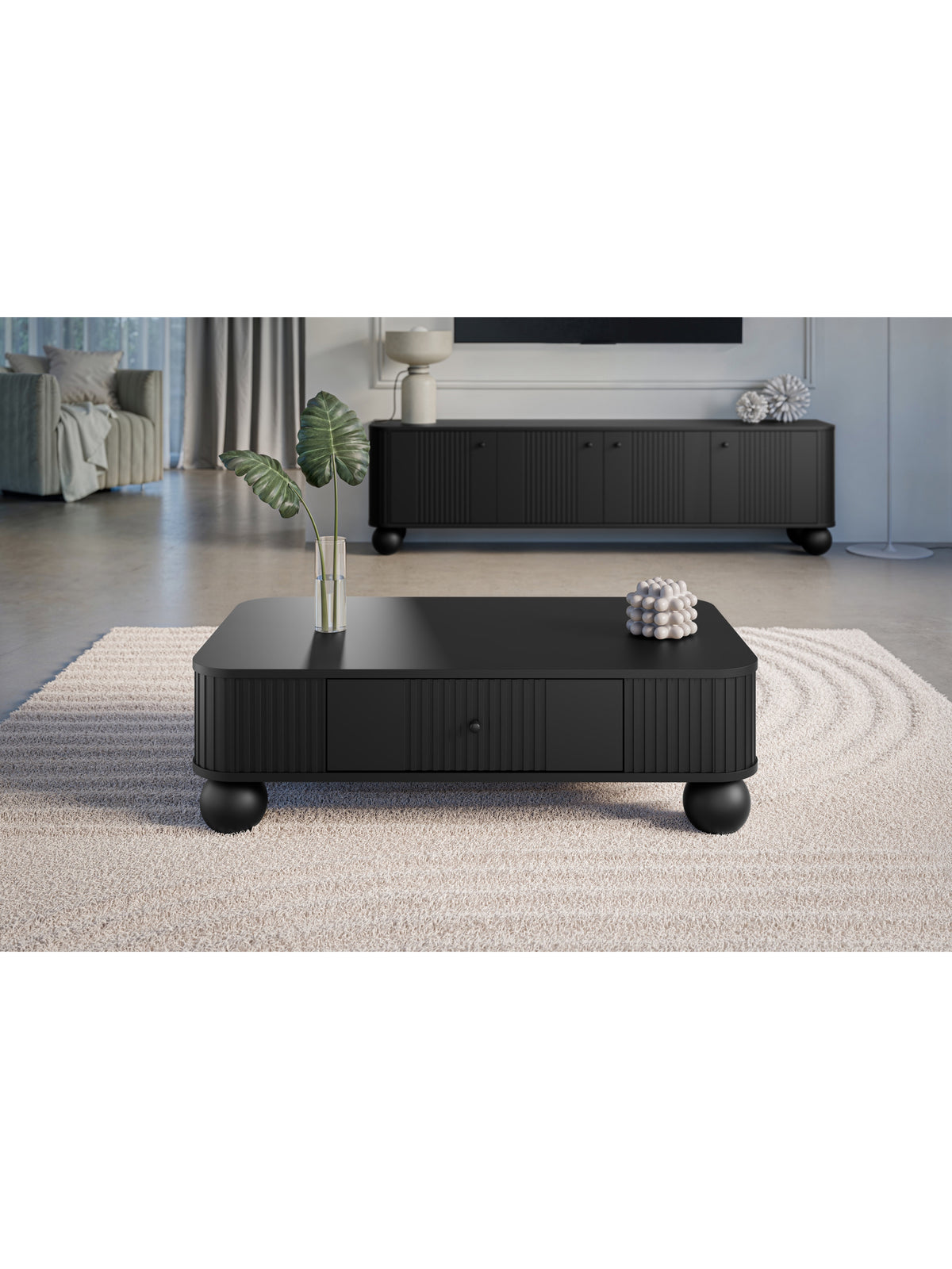 Stolik kawowy Vesper 103x60 cm czarny z ryflowanym frontem i złotymi uchwytami, nogi kule