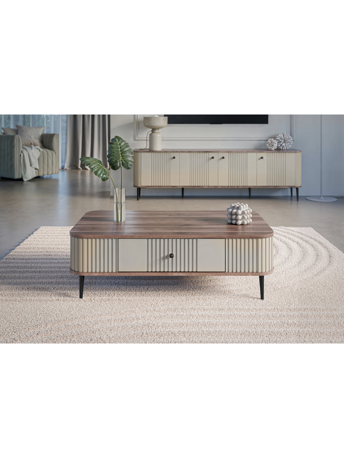 Stolik kawowy Vesper 103x60 cm w kolorze kaszmir i orzech z czarnymi prostymi nogami i szufladą