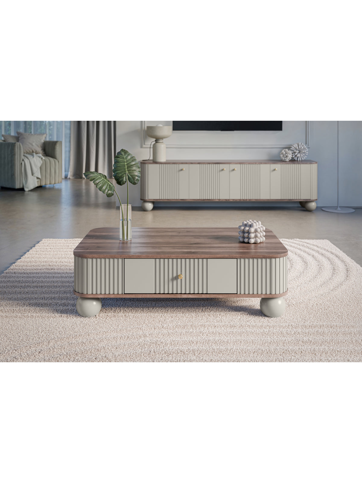 Stolik kawowy Vesper 103x60 cm kaszmir z orzechowym blatem, złote uchwyty, nogi kule, detal frontu