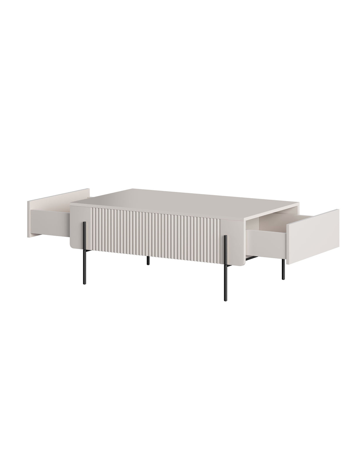Stolik kawowy Malmi 100 cm z szufladami kaszmir, czarne metalowe nóżki, front ryflowany
