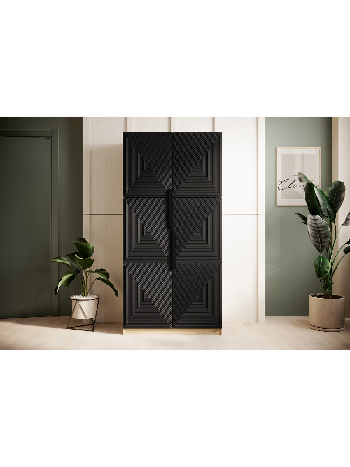 Szafa Asha 100 cm z ryflowanym frontem i metalowymi uchwytami- artisan / czarny mat / czarne uchwyty