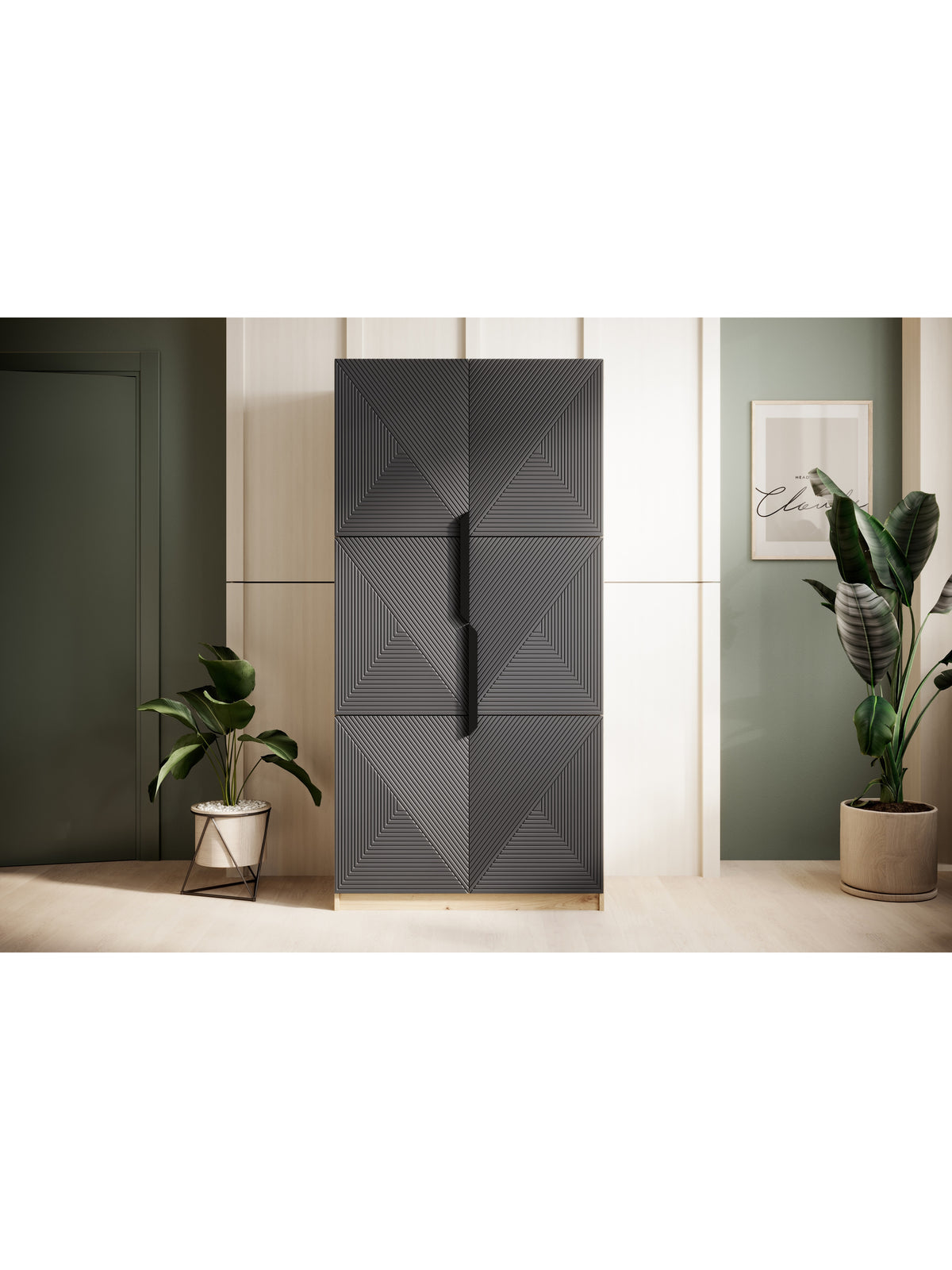 Szafa Asha 100 cm z ryflowanym frontem i metalowymi uchwytami- artisan / rivier stone mat / czarne uchwyty