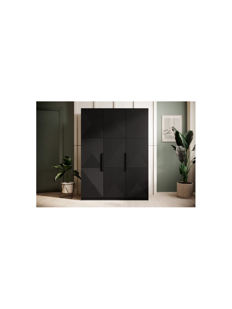 Szafa Asha 150 cm czarny mat z metalowymi uchwytami, ryflowany front, 3 drzwi