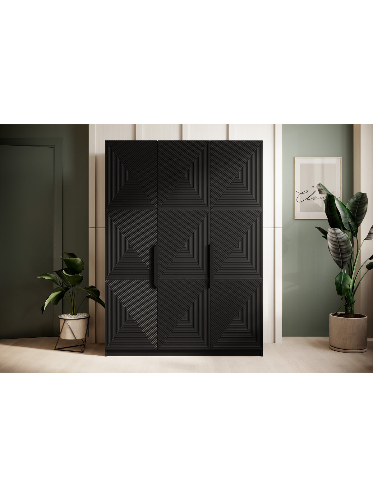 Szafa Asha 150 cm czarny mat z metalowymi uchwytami, ryflowany front, 3 drzwi