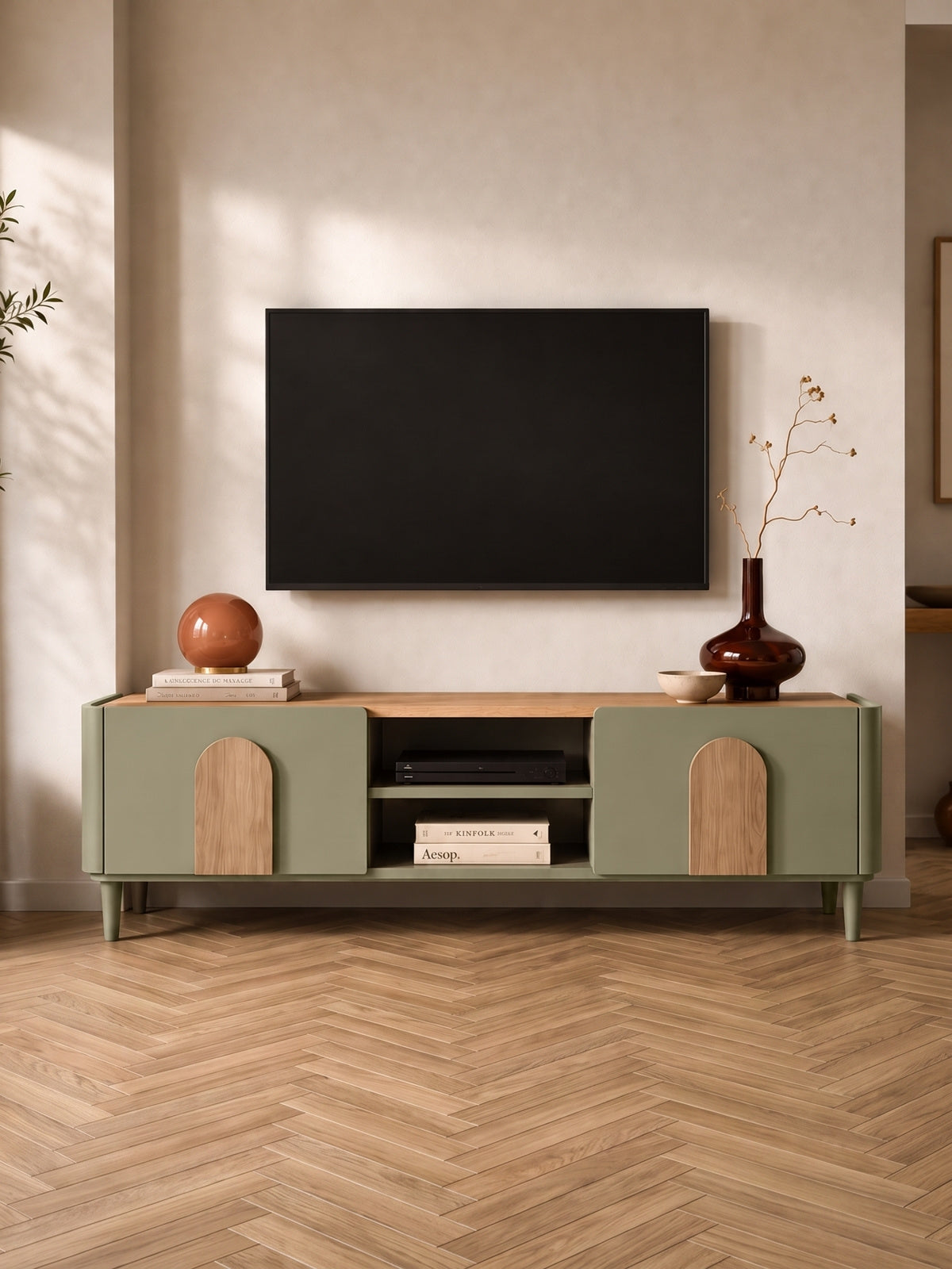 Szafka RTV Amilio 170 cm w kolorze eukaliptus z szufladą, blat dąb baltic dune na nóżkach