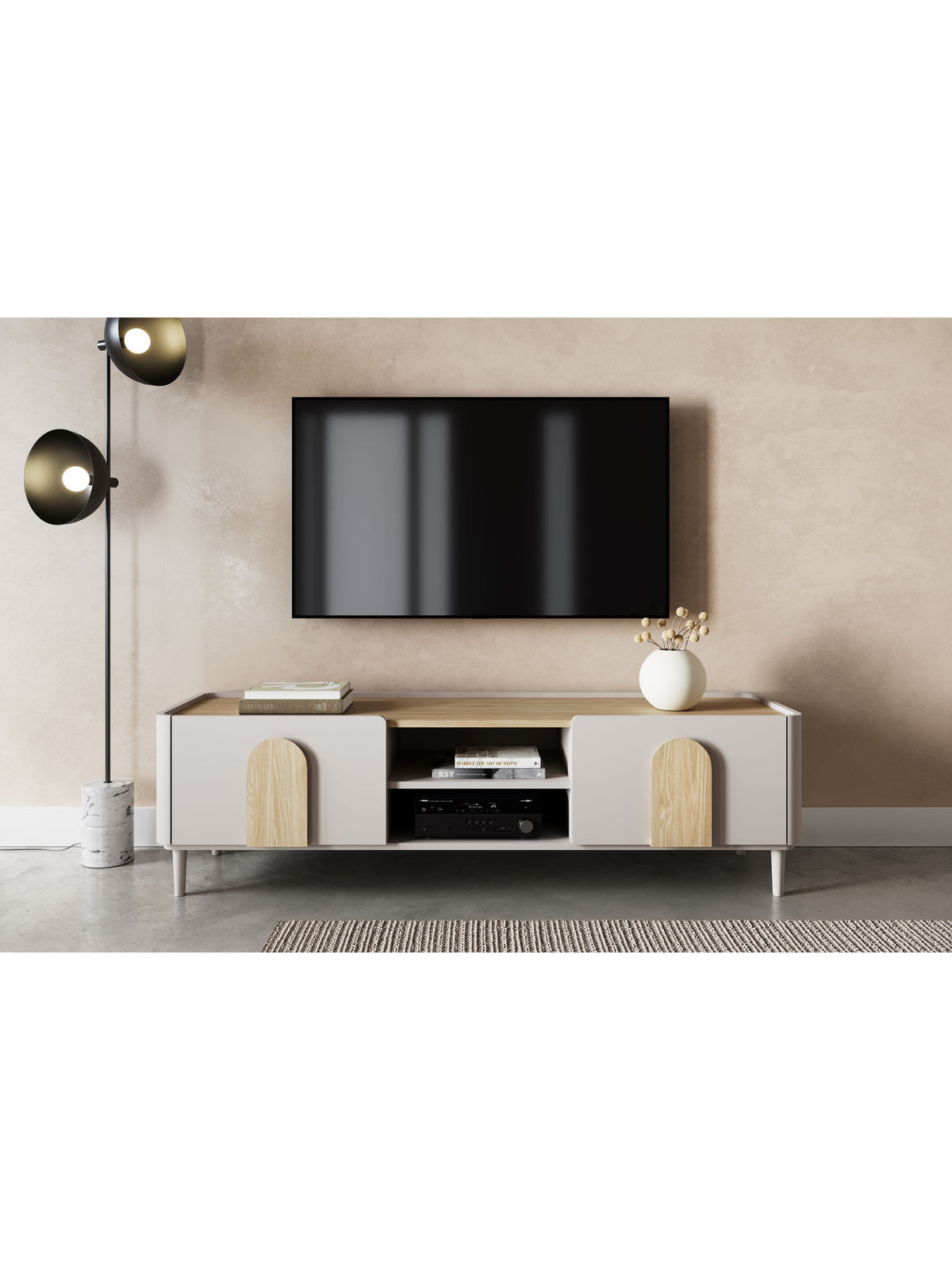 Szafka RTV Amilio 170 cm w kolorze kaszmir z frontem i blatami dąb olejowany, nóżki kaszmir