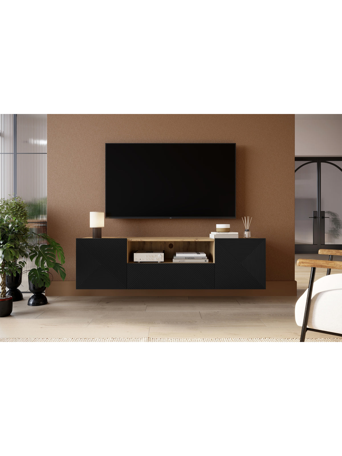 Szafka RTV Asha 167 cm wisząca z szufladą i wnęką - artisan / czarny mat