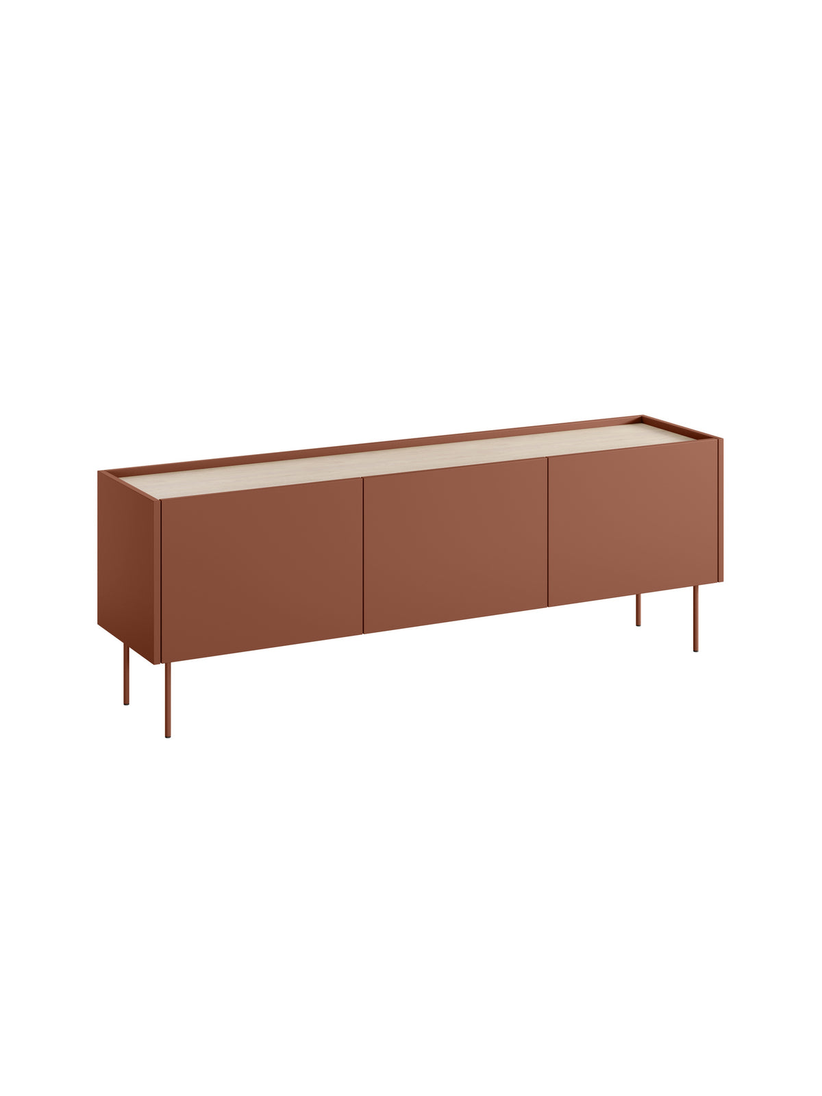 Szafka RTV Desin 170 cm w kolorze ceramic red z metalowymi nogami i blatem dąb nagano