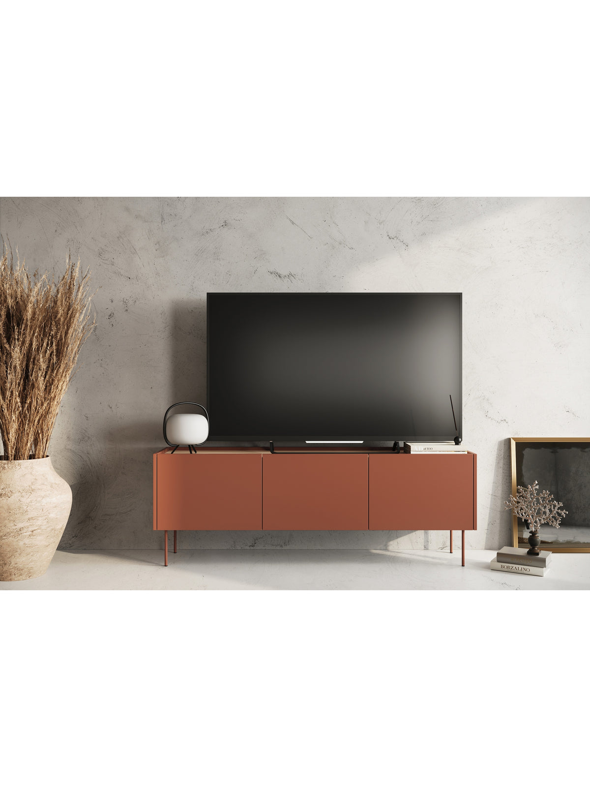 Szafka RTV Desin 170 cm w kolorze ceramic red z ukrytą szufladą i metalowymi nogami