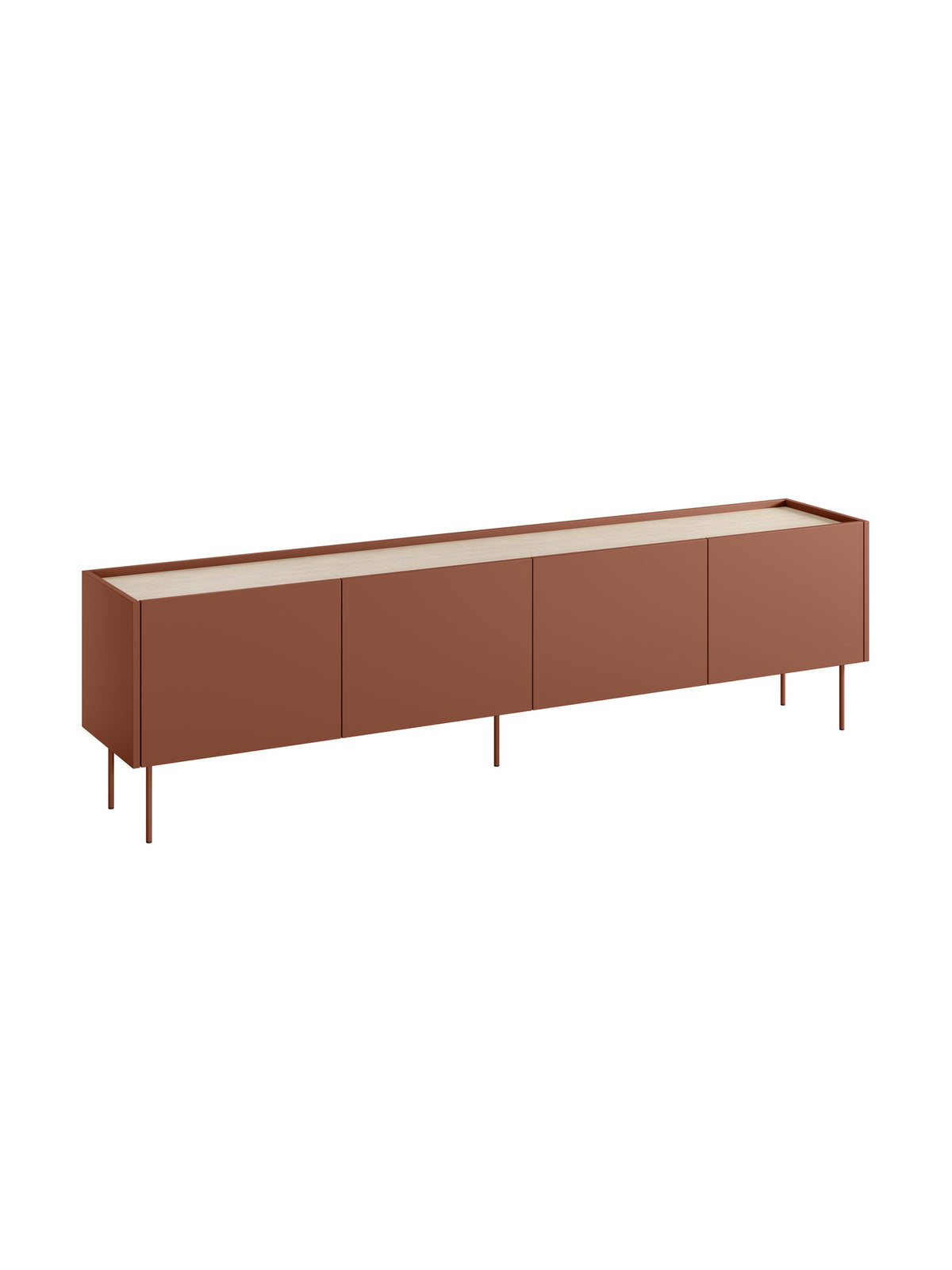 Szafka RTV Desin 220 cm ceramic red z metalowymi nogami i blat dąb nagano
