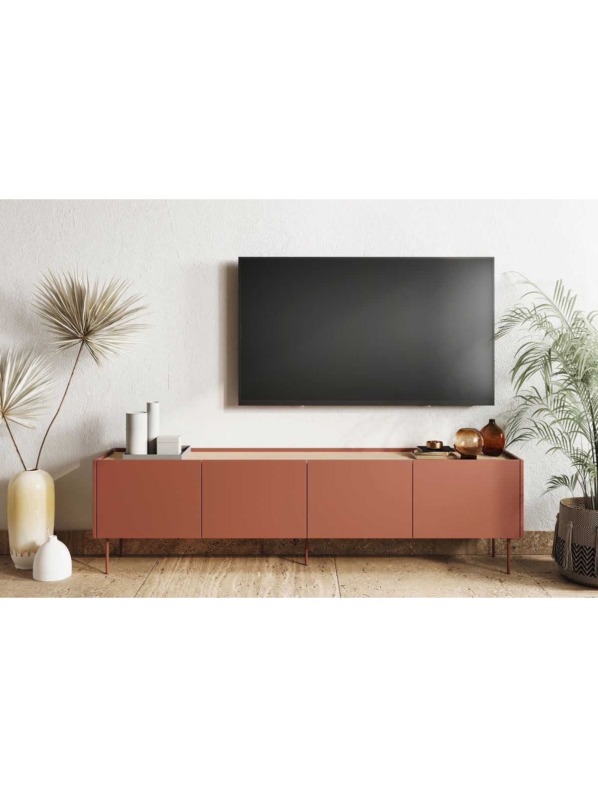 Szafka RTV Desin 220 cm ceramic red z matowymi frontami i blatem dąb nagano