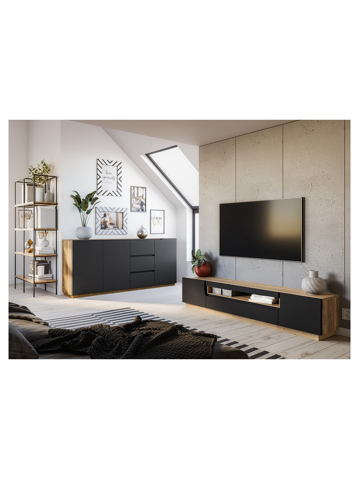 Szafka RTV Loftia 200 cm dwudrzwiowa z wnęką czarny mat front dąb artisan
