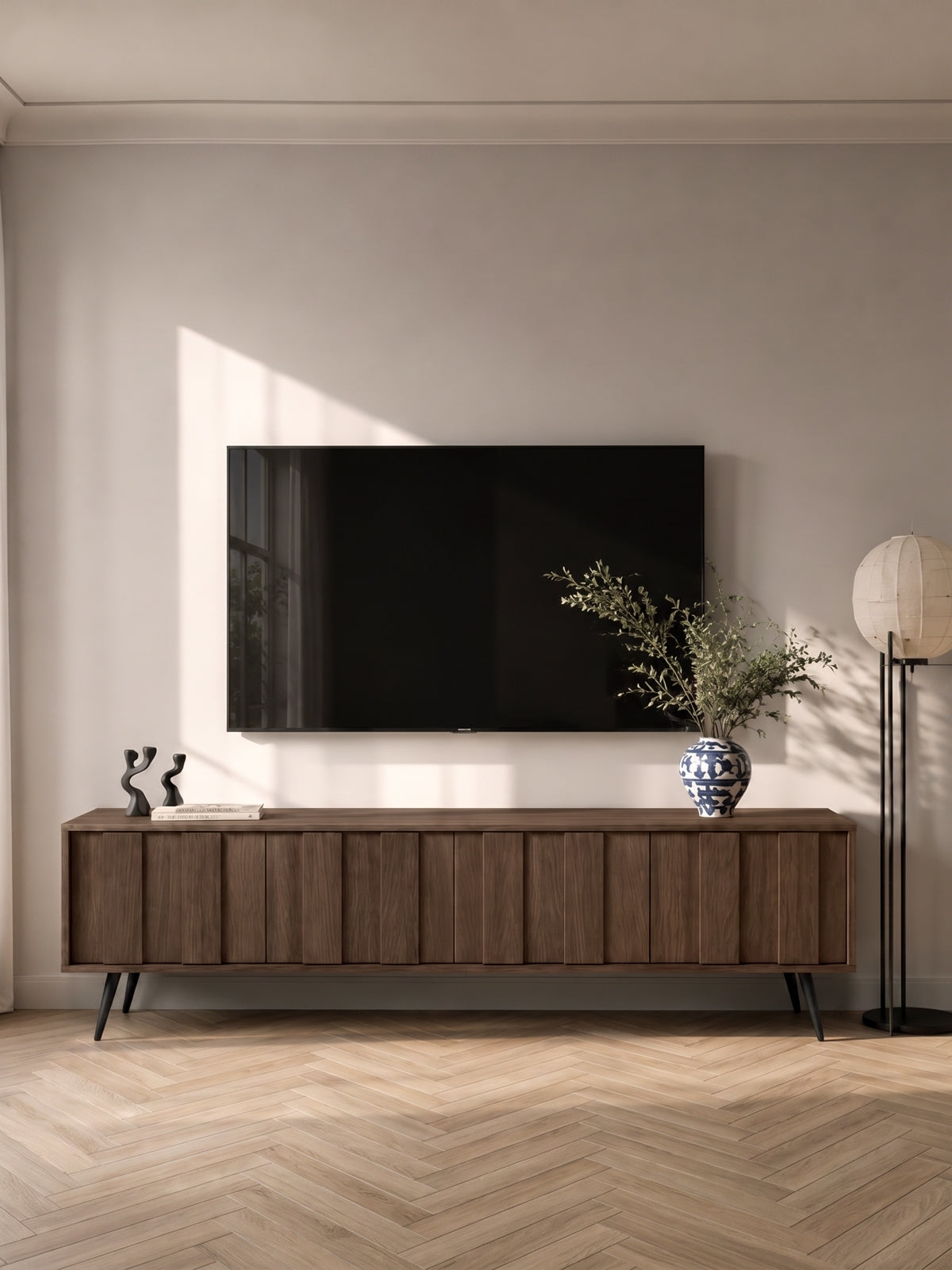 Szafka RTV Flaro 184 cm dąb dunin z czarnymi nogami i ciepłym oświetleniem LED