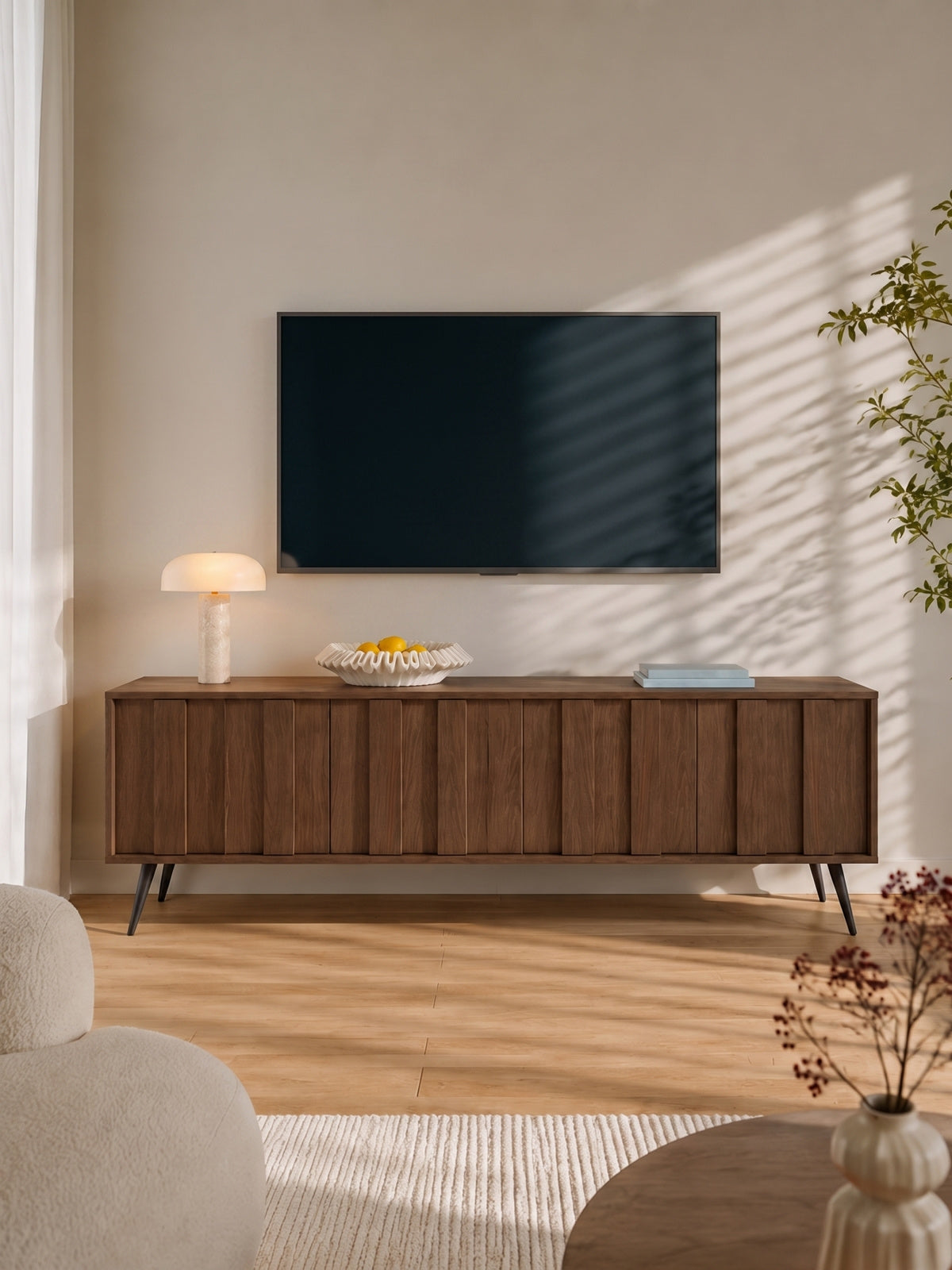 Szafka RTV Flaro 184 cm dąb dunin z czarnymi nóżkami i ciepłym oświetleniem LED