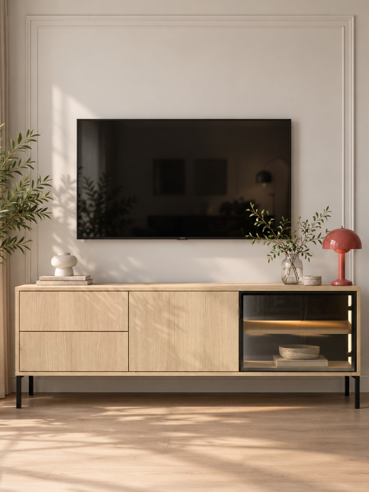 Szafka RTV Harmona 160 cm jasne drewno dąb lindberg z LED i czarnymi nóżkami