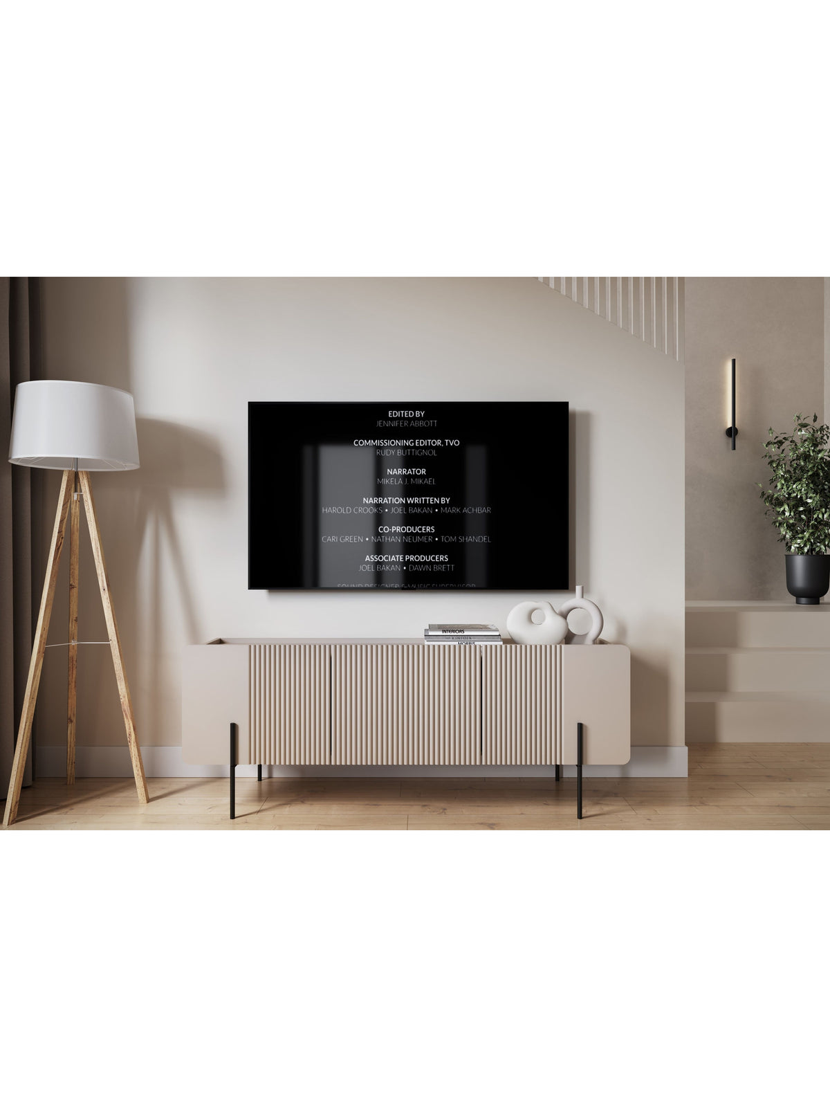 Szafka RTV Malmi 150 cm kaszmir z czarnymi nóżkami, front ryflowany, ujęcie frontalne