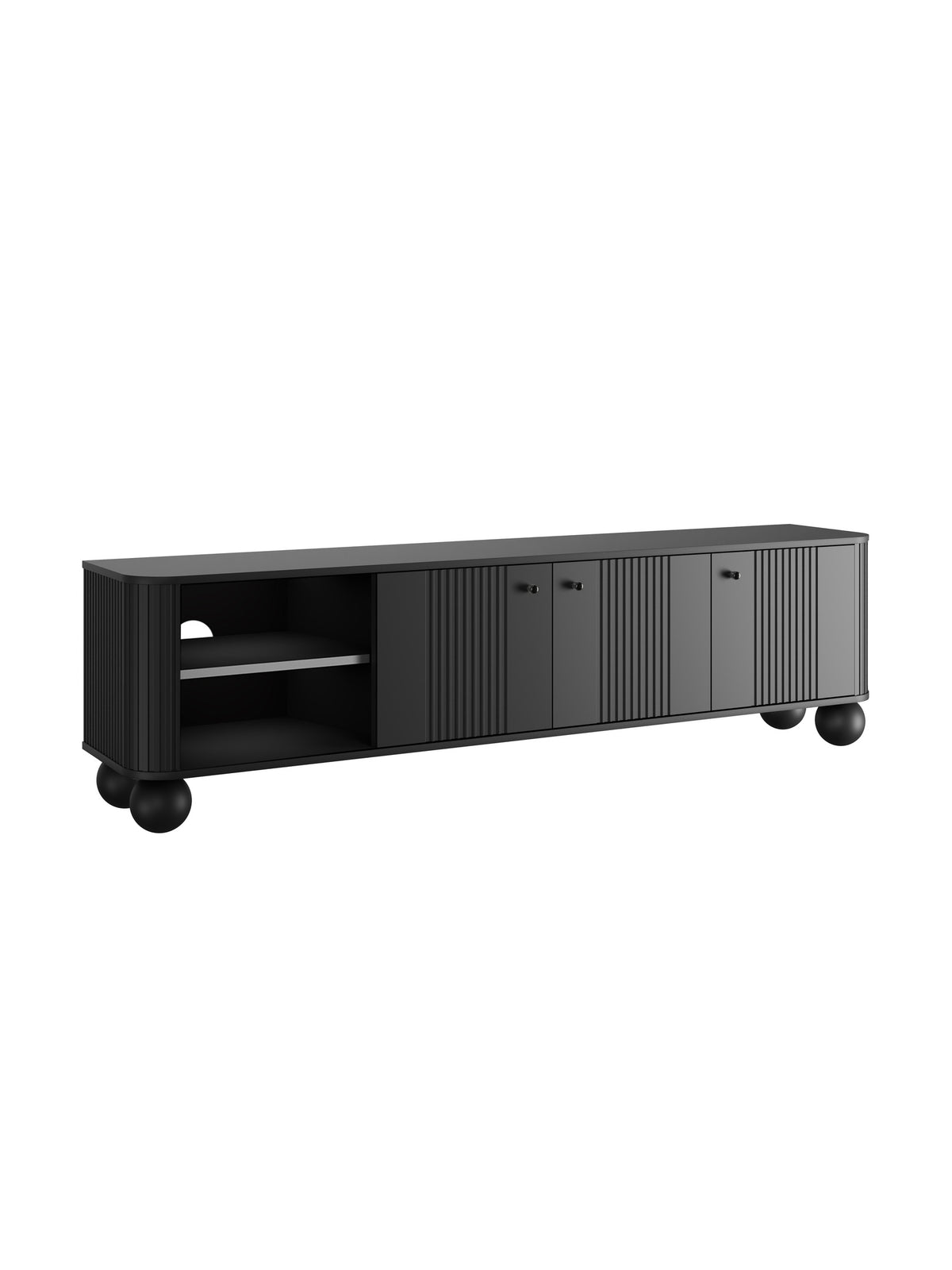 Szafka RTV Vesper 187 cm trzydrzwiowa czarna mat z ryflowanymi frontami i kulistymi nogami