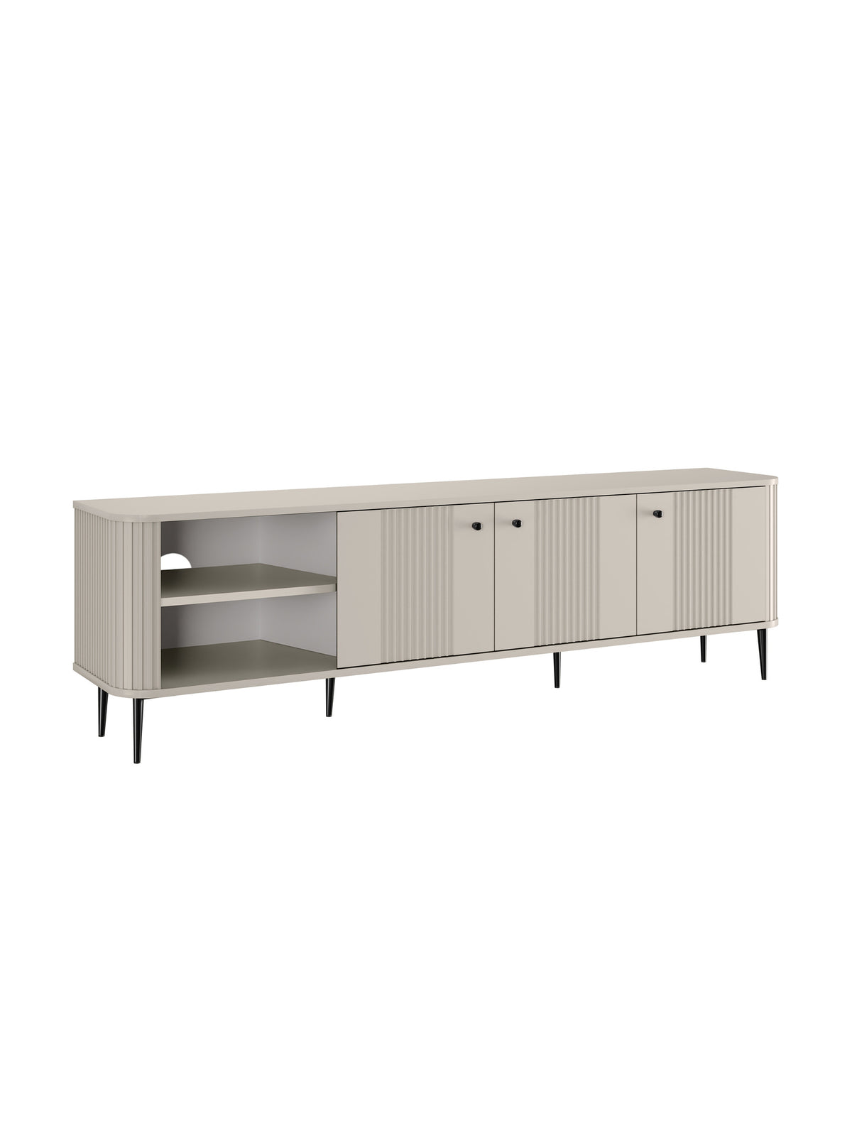 Szafka RTV Vesper 3D 187 cm w kolorze kaszmir z czarnymi nogami, widok frontu z trzema drzwiami