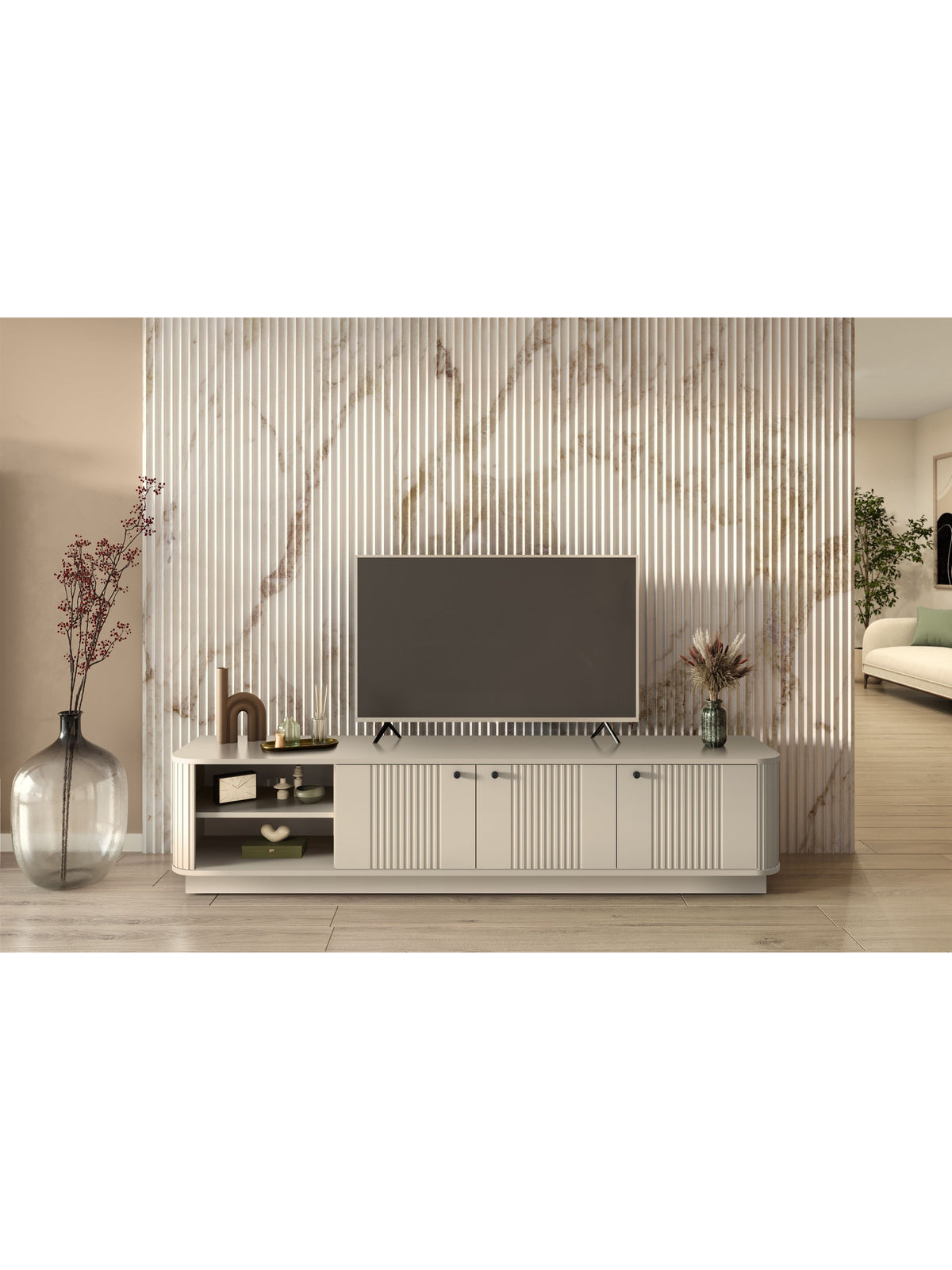 Szafka RTV Vesper 3D 187 cm w kolorze kaszmir z czarnymi uchwytami, ryflowany front