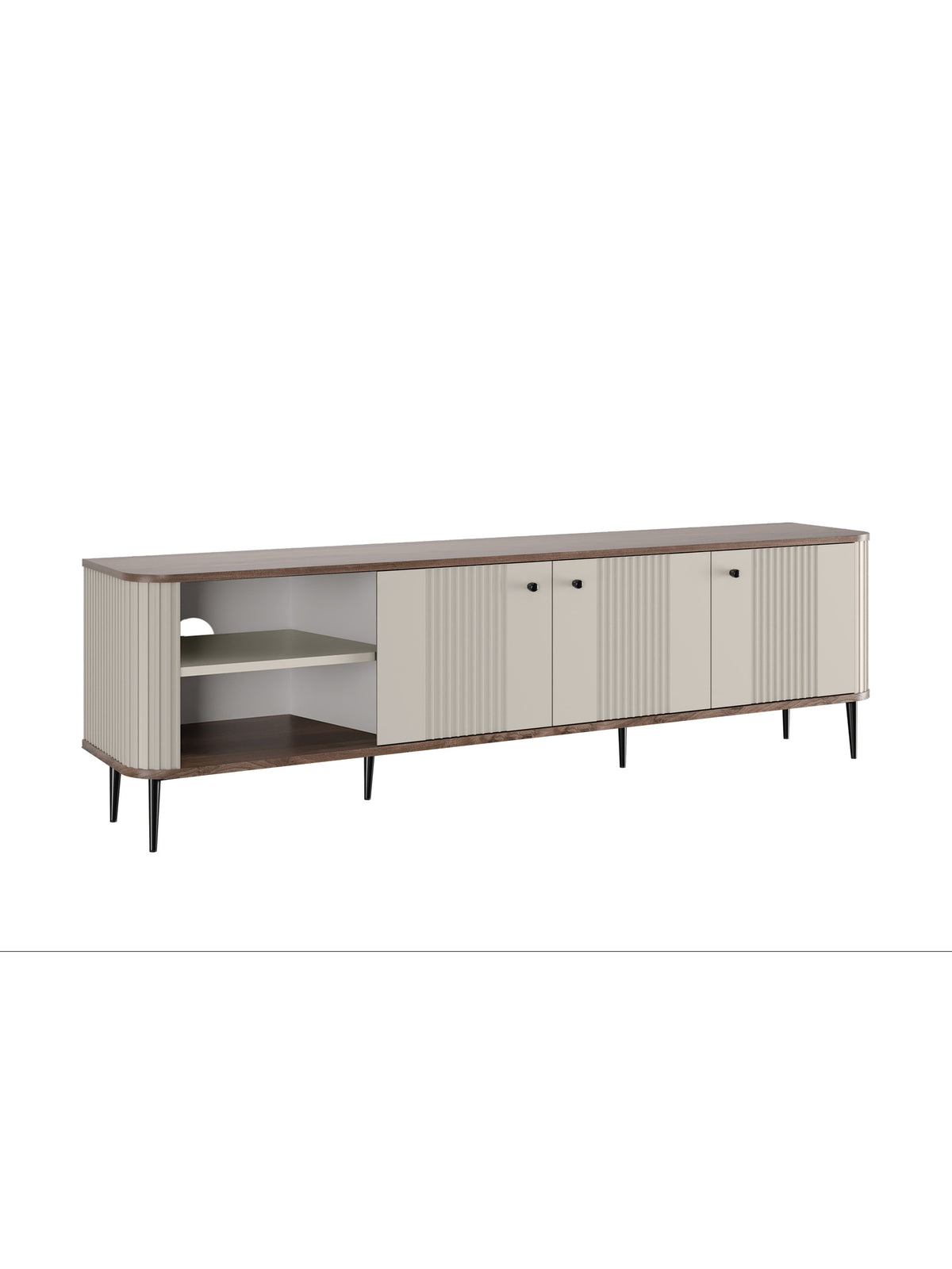 Szafka RTV Vesper 3D 187 cm kaszmir z orzechowym blatem i czarnymi nogami, ryflowany front