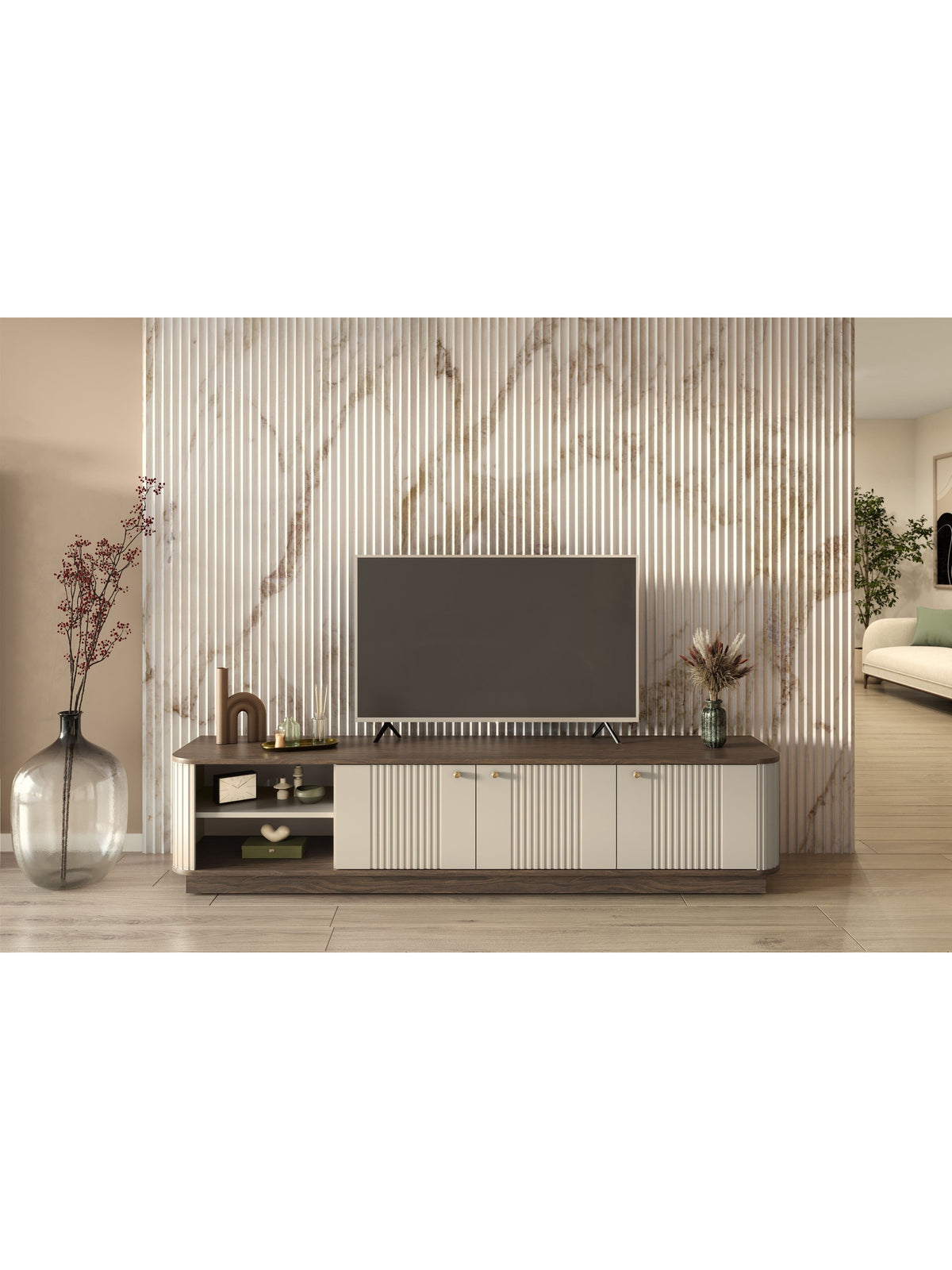 Szafka RTV Vesper 3D 187 cm kaszmir z ryflowanym frontem i złotymi uchwytami