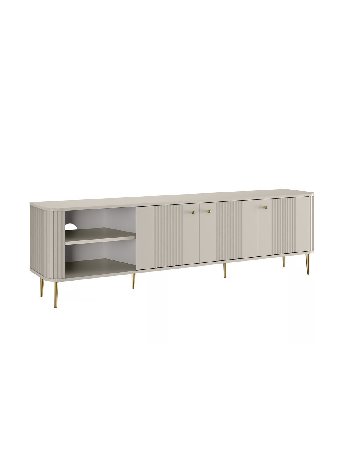 Szafka RTV Vesper 3D 187 cm w kolorze kaszmir z ryflowanymi frontami i złotymi nogami