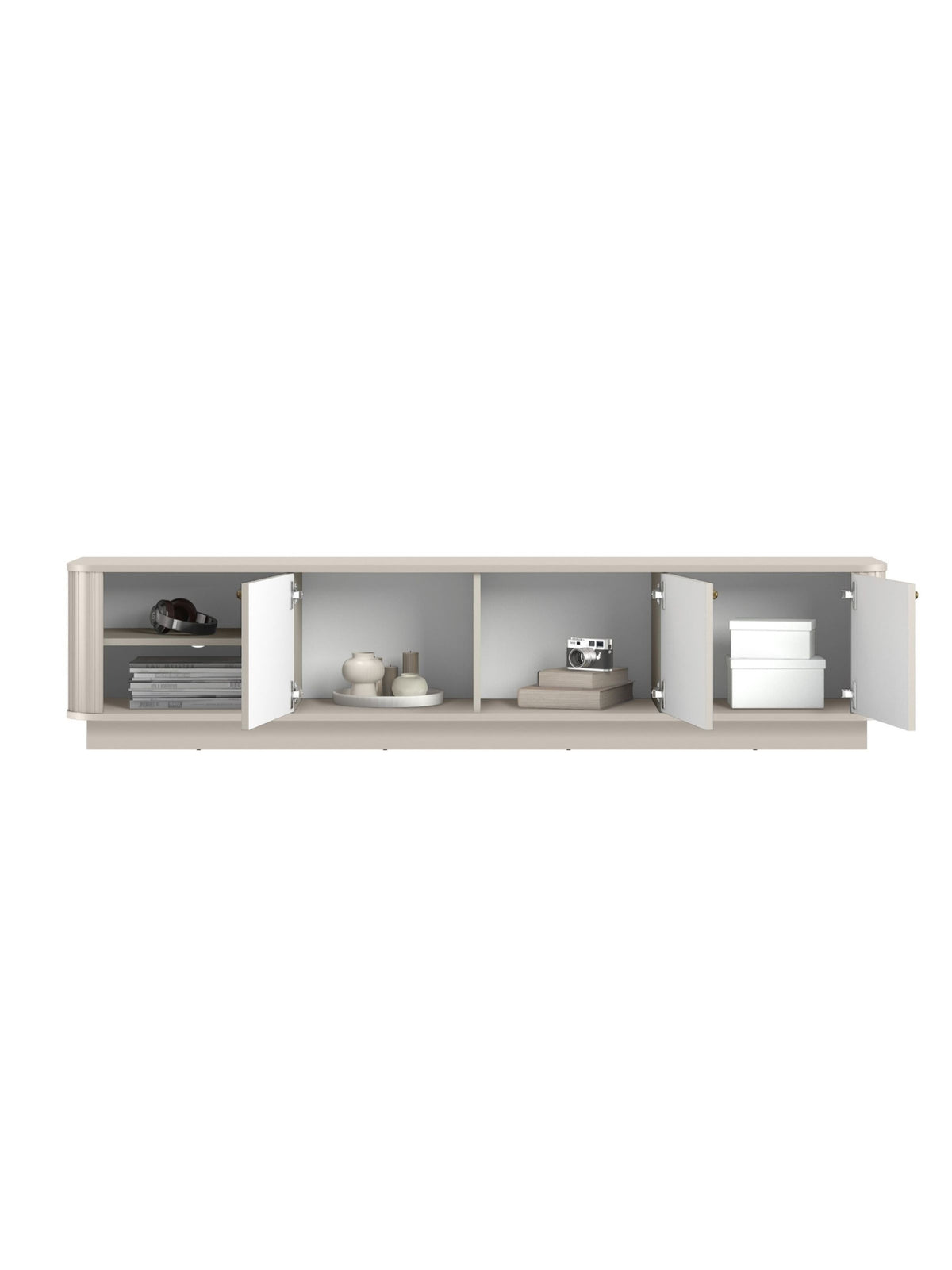 Szafka RTV Vesper 3D 187 cm kaszmir z trzema drzwiami otwartymi na cokole