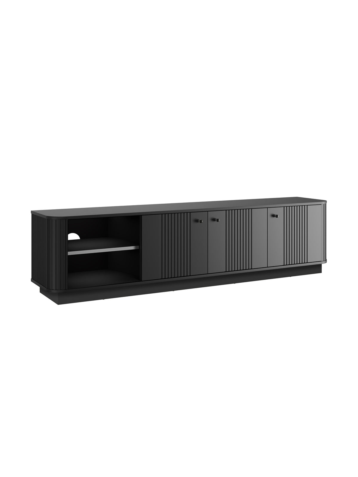 Szafka RTV Vesper 3D 187 cm na cokole czarna z trzema drzwiami i ryflowanym frontem